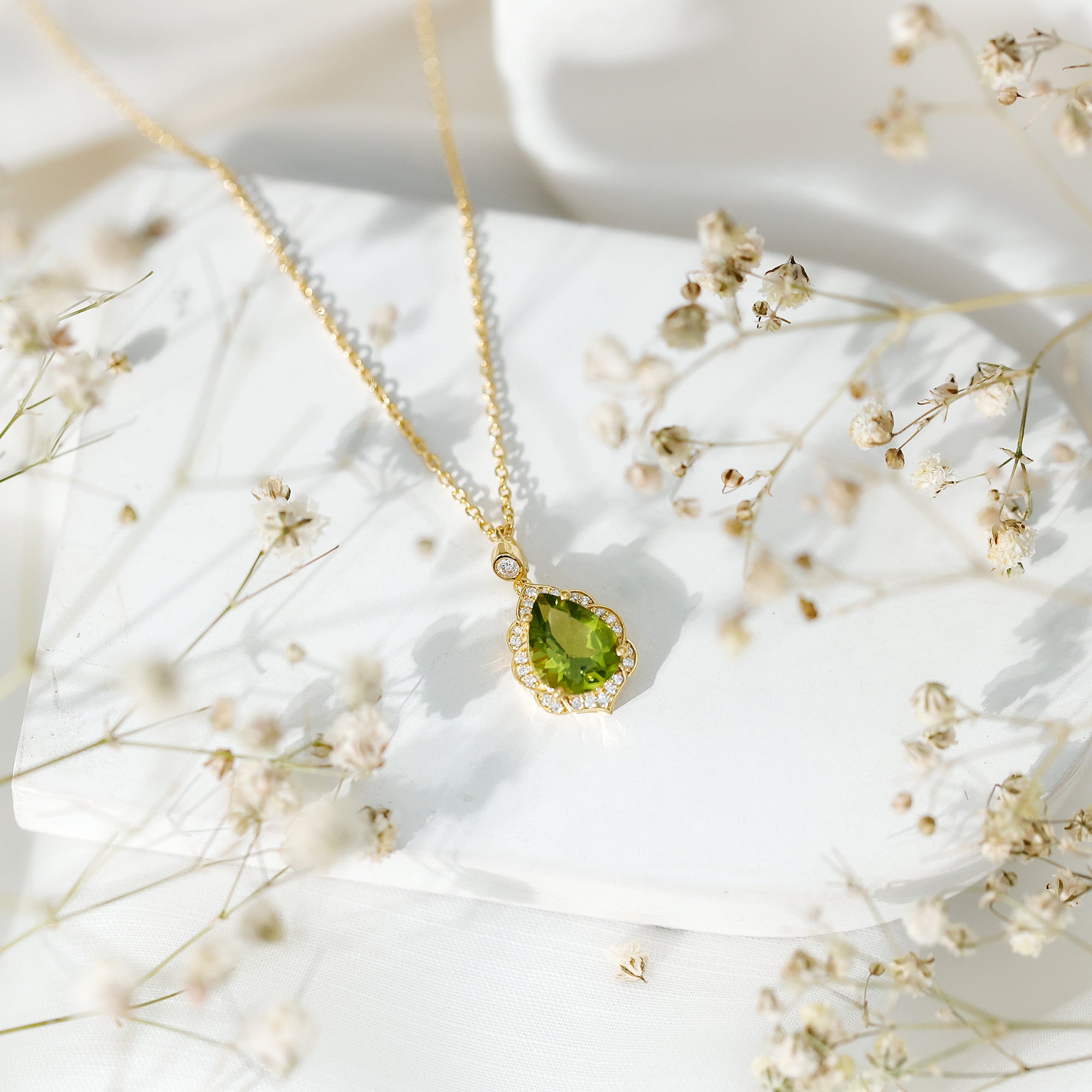 Natural 2.2 Carat Pear Shape Peridot Vintage Necklace with Lab Grown Diamond AAA 14K Yellow Gold Plated Silver - Rosec Jewels