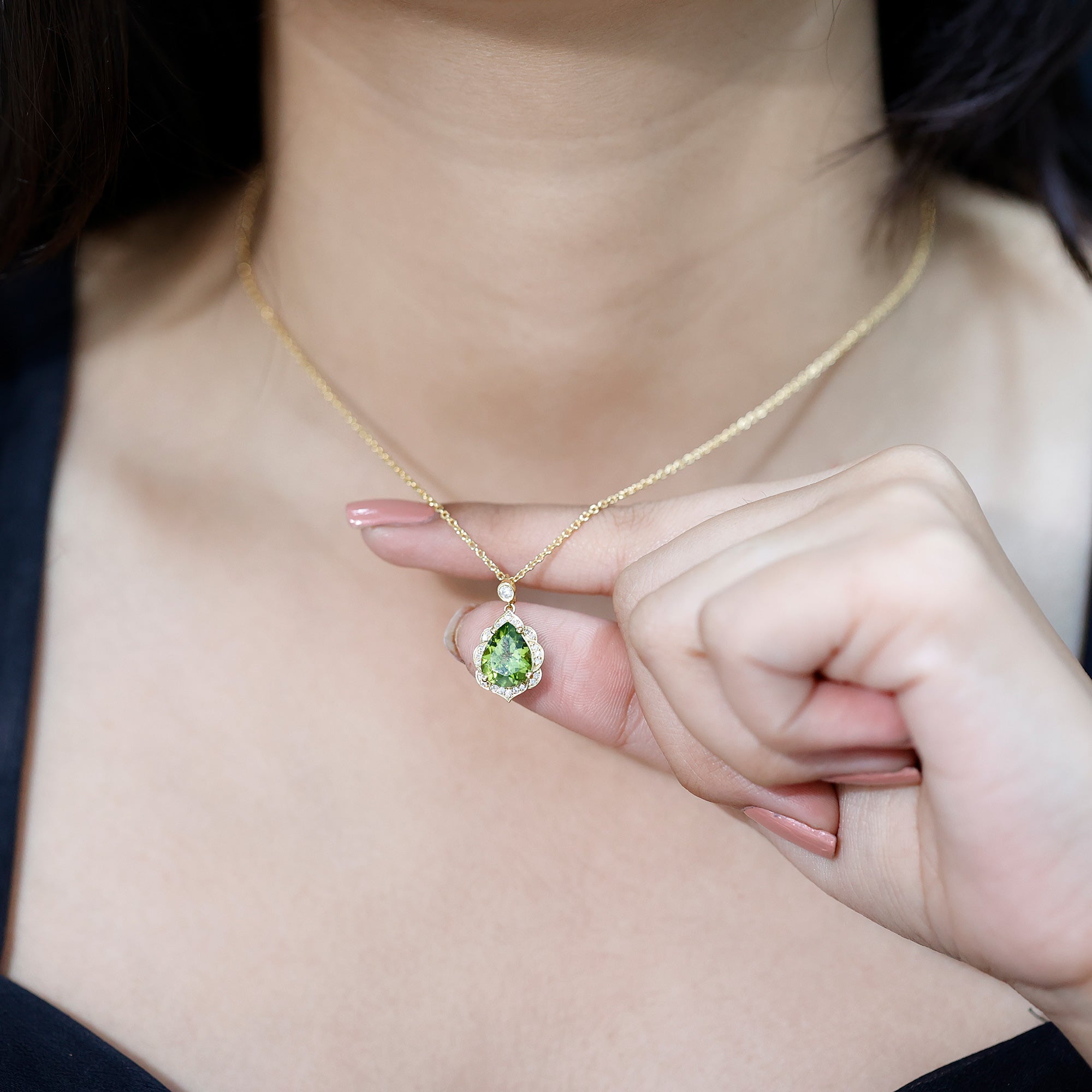 Natural 2.2 Carat Pear Shape Peridot Vintage Necklace with Lab Grown Diamond AAA 14K Yellow Gold Plated Silver - Rosec Jewels