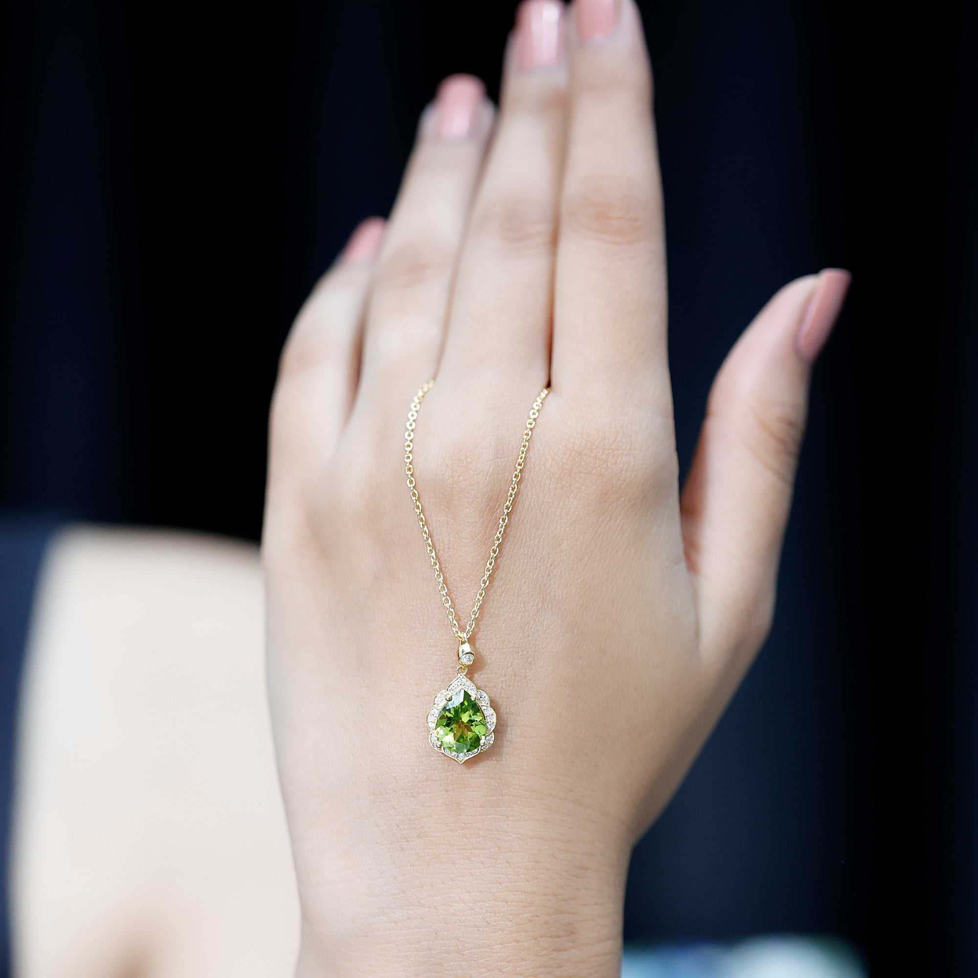 Natural 2.2 Carat Pear Shape Peridot Vintage Necklace with Lab Grown Diamond AAA 14K Yellow Gold Plated Silver - Rosec Jewels