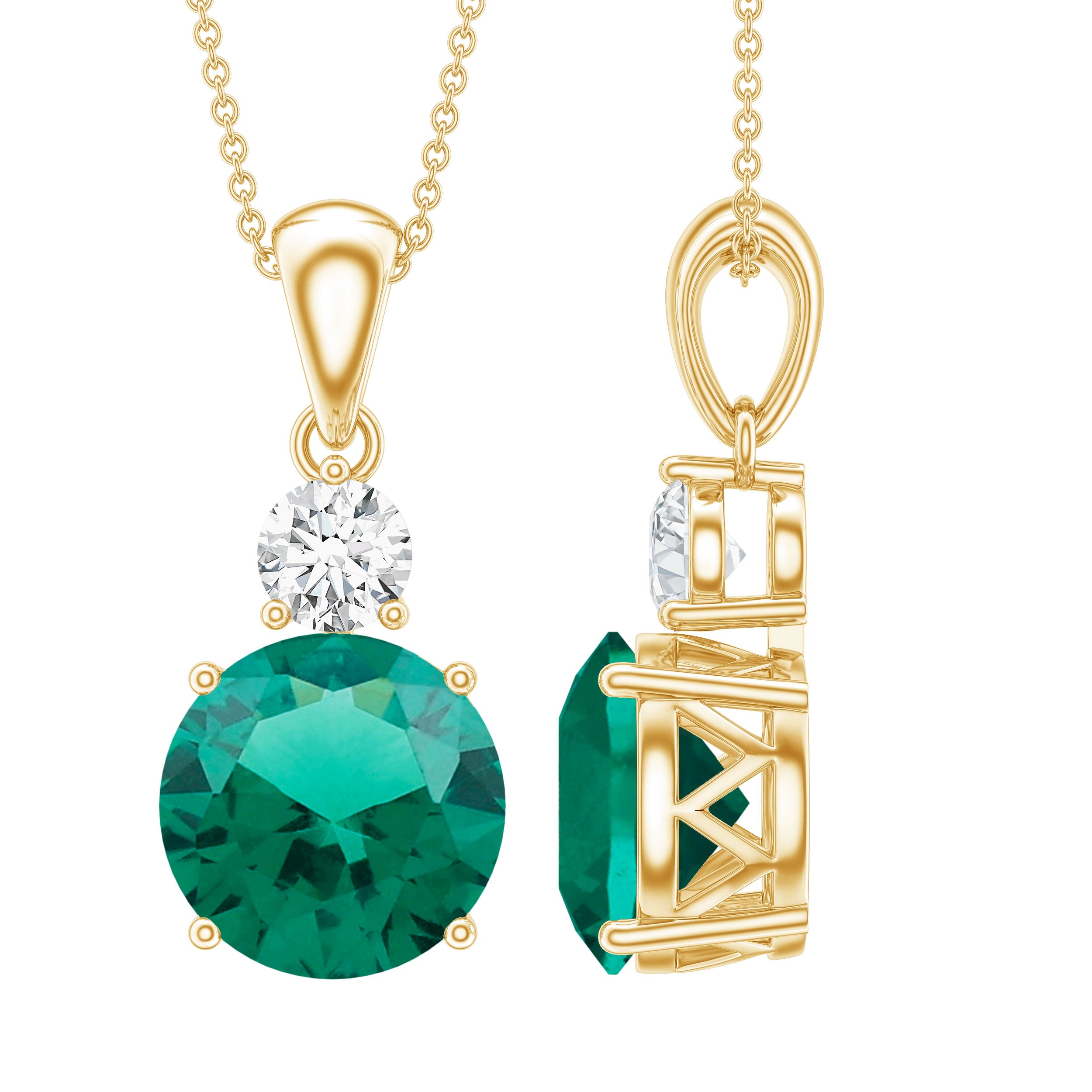 Certified 2.75 Carat Lab Created Emerald Solitaire Necklace with Silver Chain AAAA 14K Yellow Gold Plated Silver - Rosec Jewels