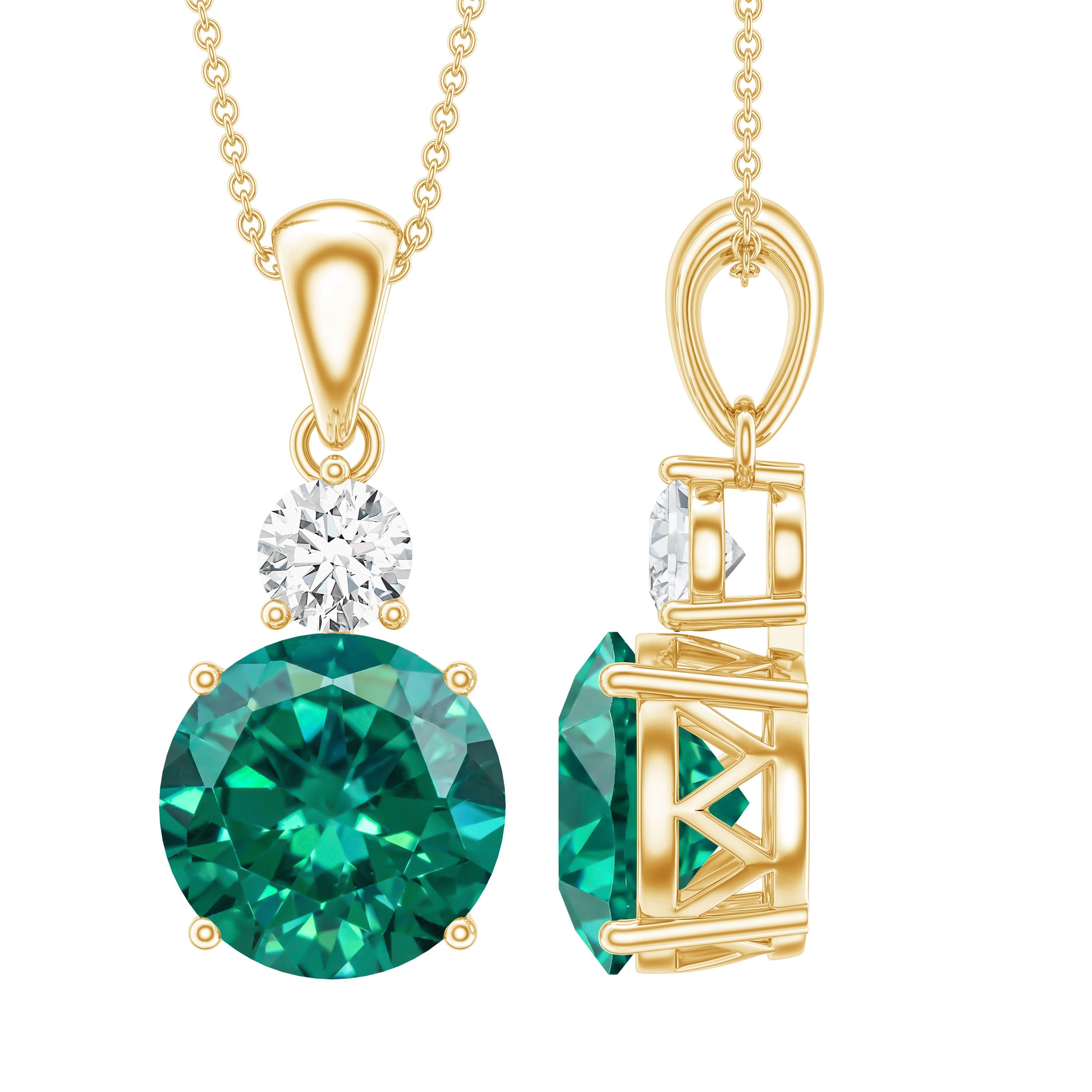 Certified 2.75 Carat Lab Created Emerald Solitaire Necklace with Silver Chain AAAA 14K Yellow Gold Plated Silver - Rosec Jewels