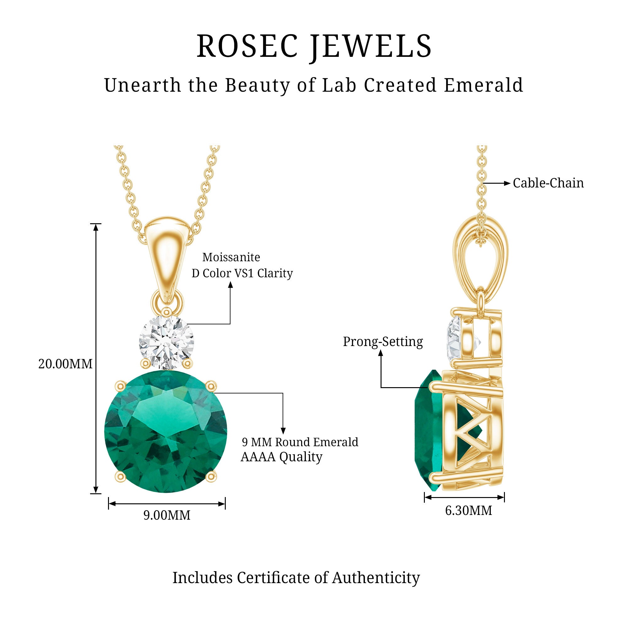 Certified 2.75 Carat Lab Created Emerald Solitaire Necklace with Silver Chain AAAA 14K Yellow Gold Plated Silver - Rosec Jewels