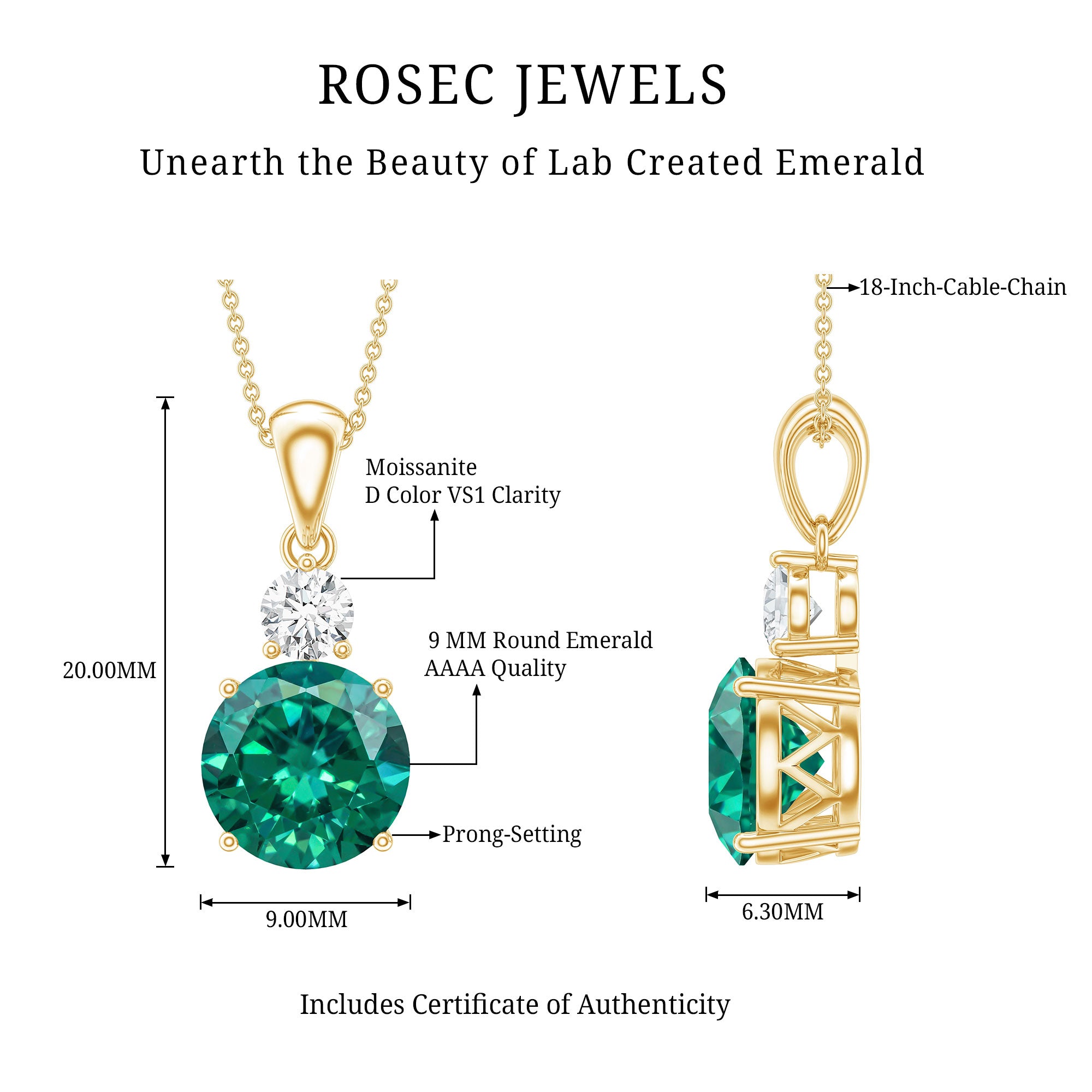 Certified 2.75 Carat Lab Created Emerald Solitaire Necklace with Silver Chain AAAA 14K Yellow Gold Plated Silver - Rosec Jewels