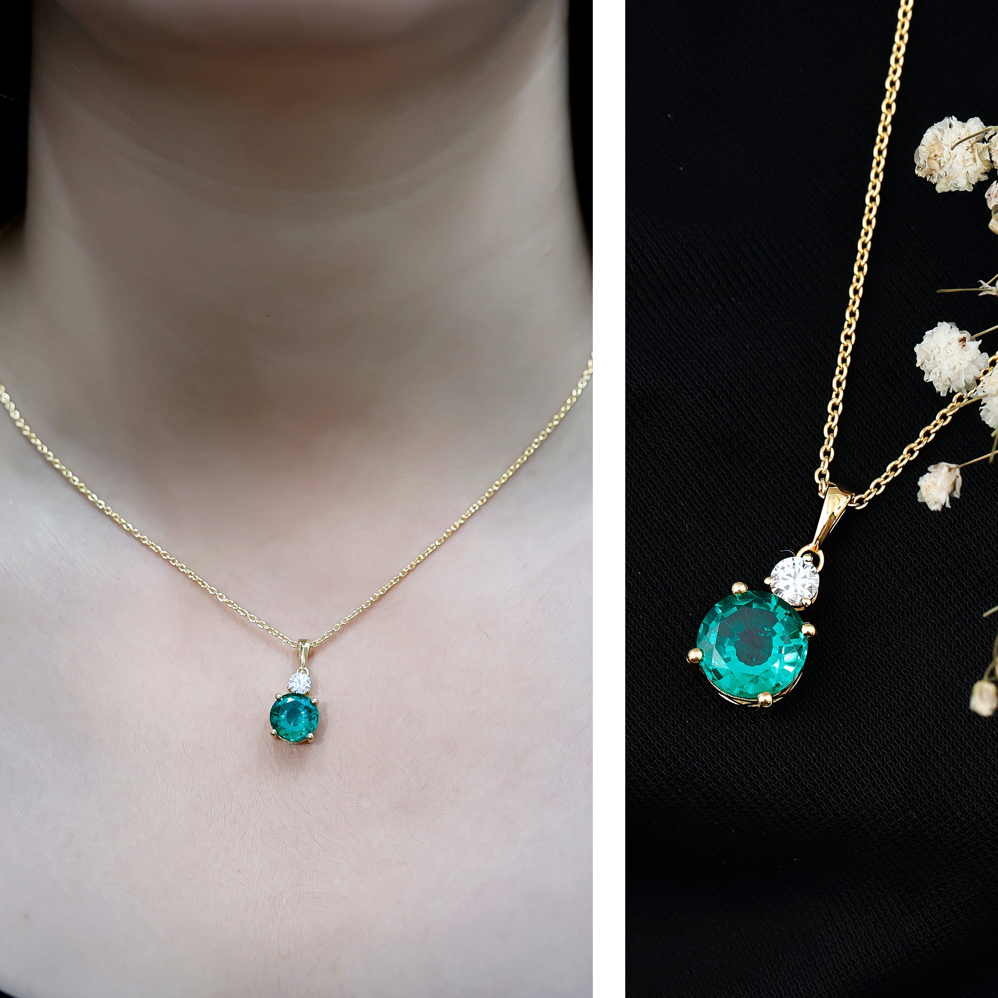 Certified 2.75 Carat Lab Created Emerald Solitaire Necklace with Silver Chain AAAA 14K Yellow Gold Plated Silver - Rosec Jewels