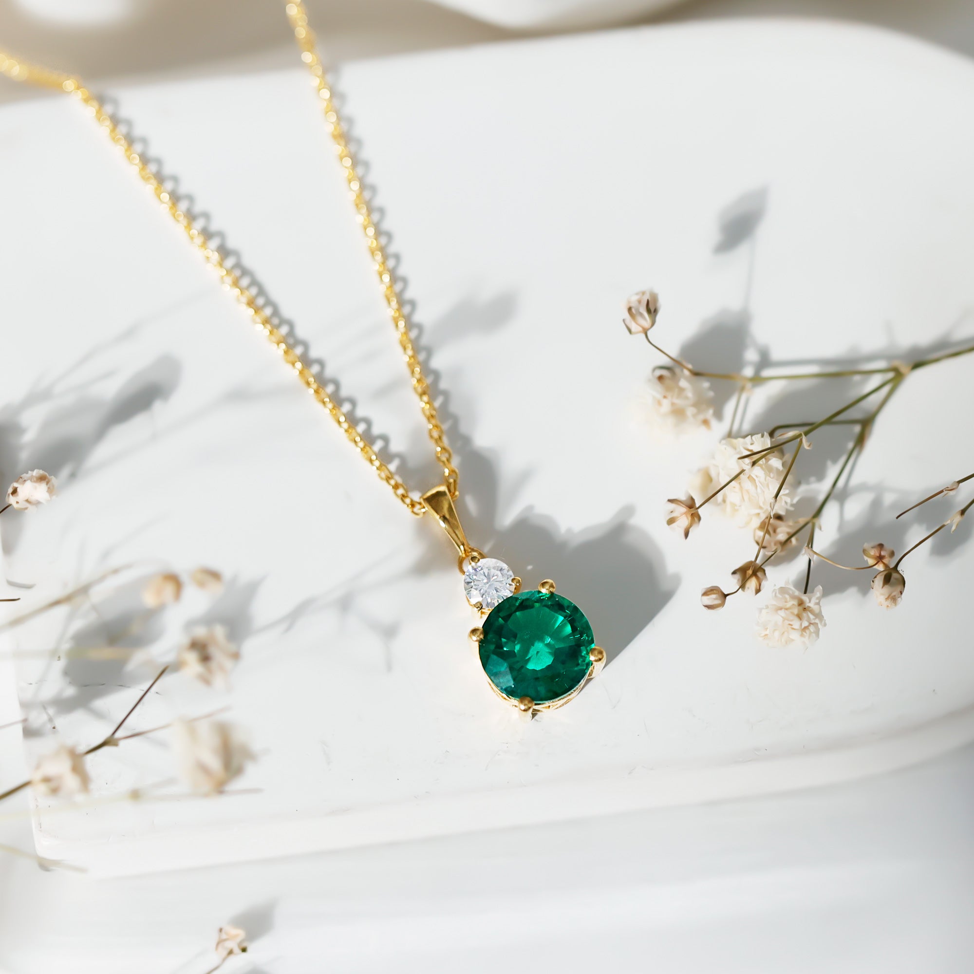 Certified 2.75 Carat Lab Created Emerald Solitaire Necklace with Silver Chain AAAA 14K Yellow Gold Plated Silver - Rosec Jewels