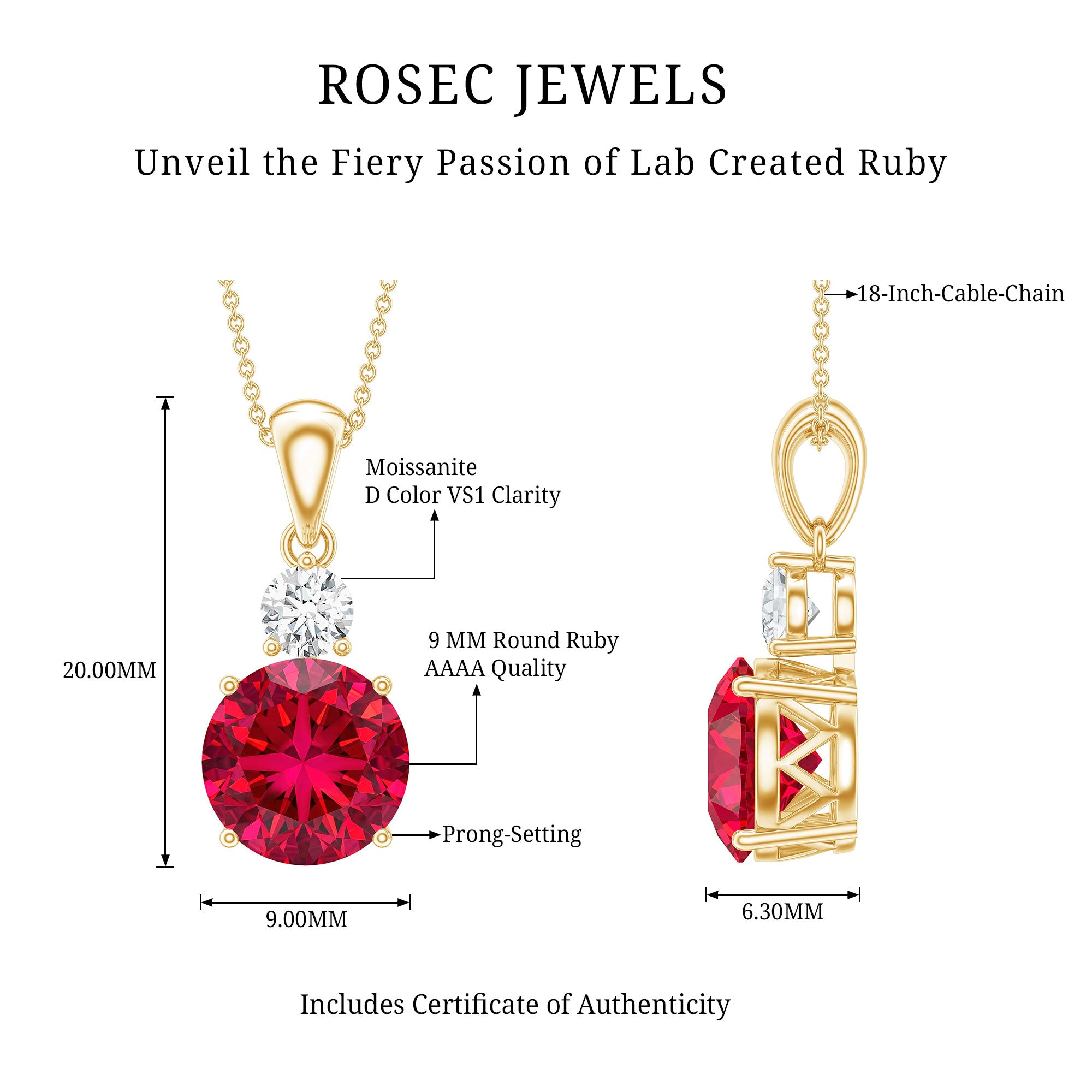 Certified 2.5 Carat Lab Grown Ruby Pendant Necklace with Moissanite AAAA 14K Yellow Gold Plated Silver - Rosec Jewels