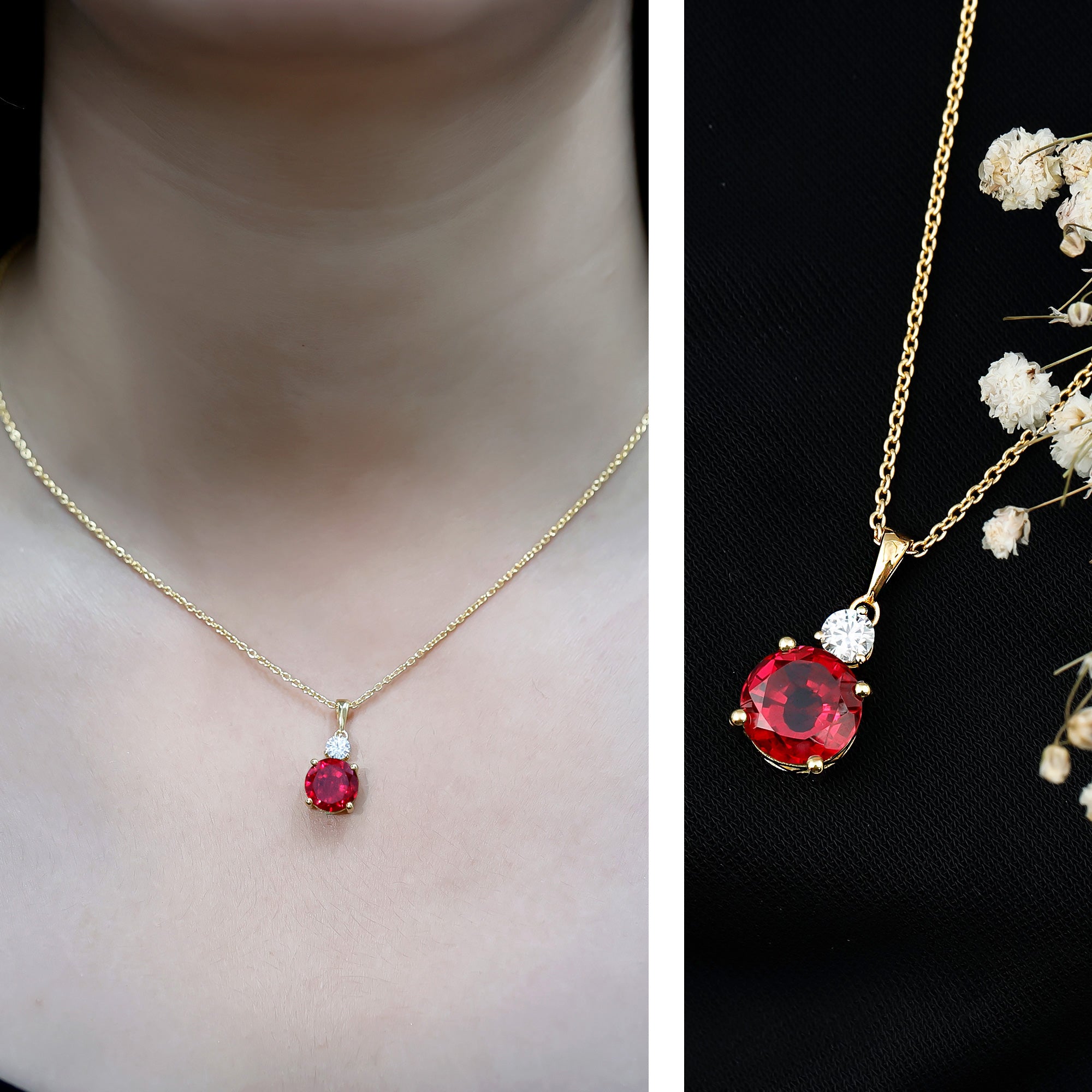 Certified 2.5 Carat Lab Grown Ruby Pendant Necklace with Moissanite AAAA 14K Yellow Gold Plated Silver - Rosec Jewels