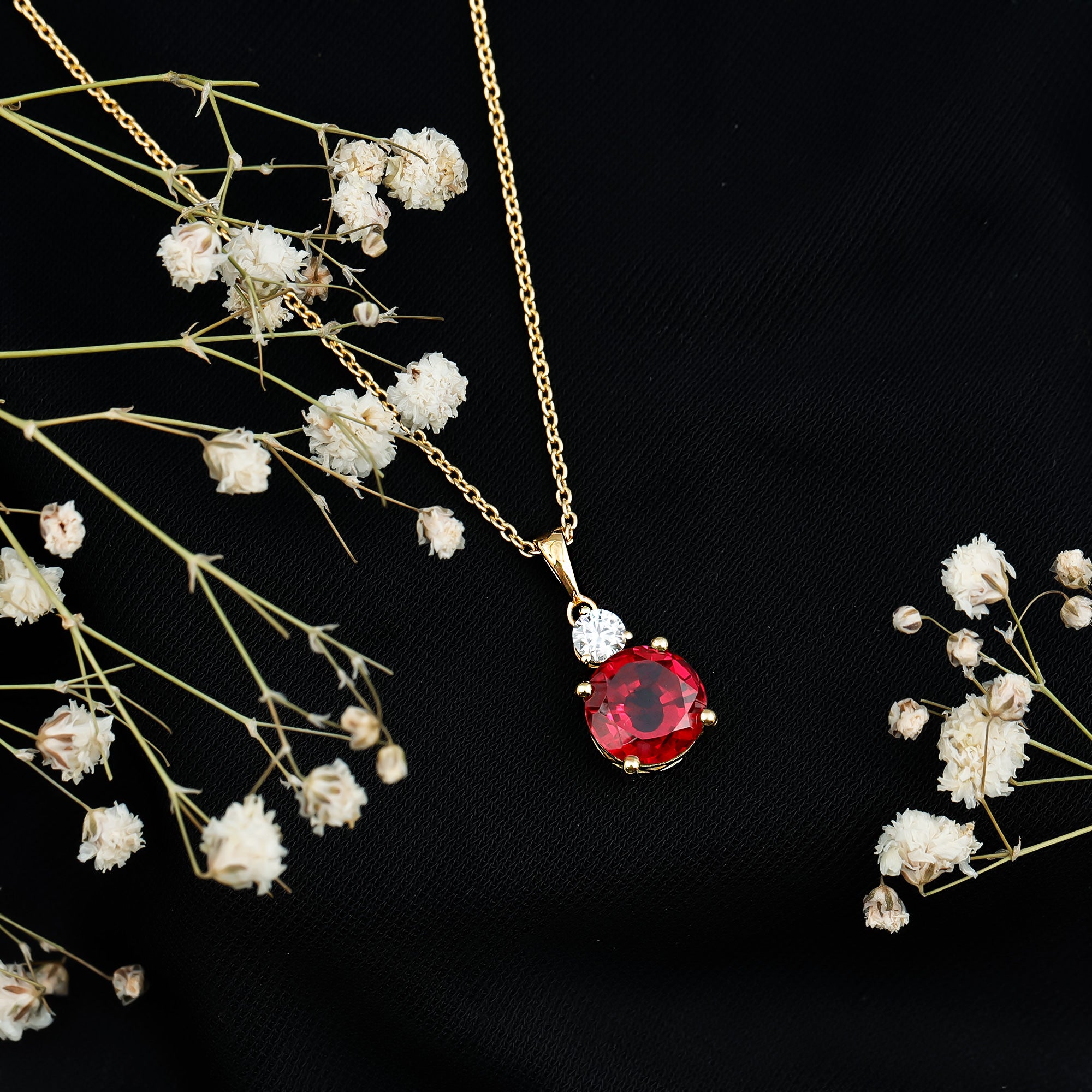 Certified 2.5 Carat Lab Grown Ruby Pendant Necklace with Moissanite AAAA 14K Yellow Gold Plated Silver - Rosec Jewels