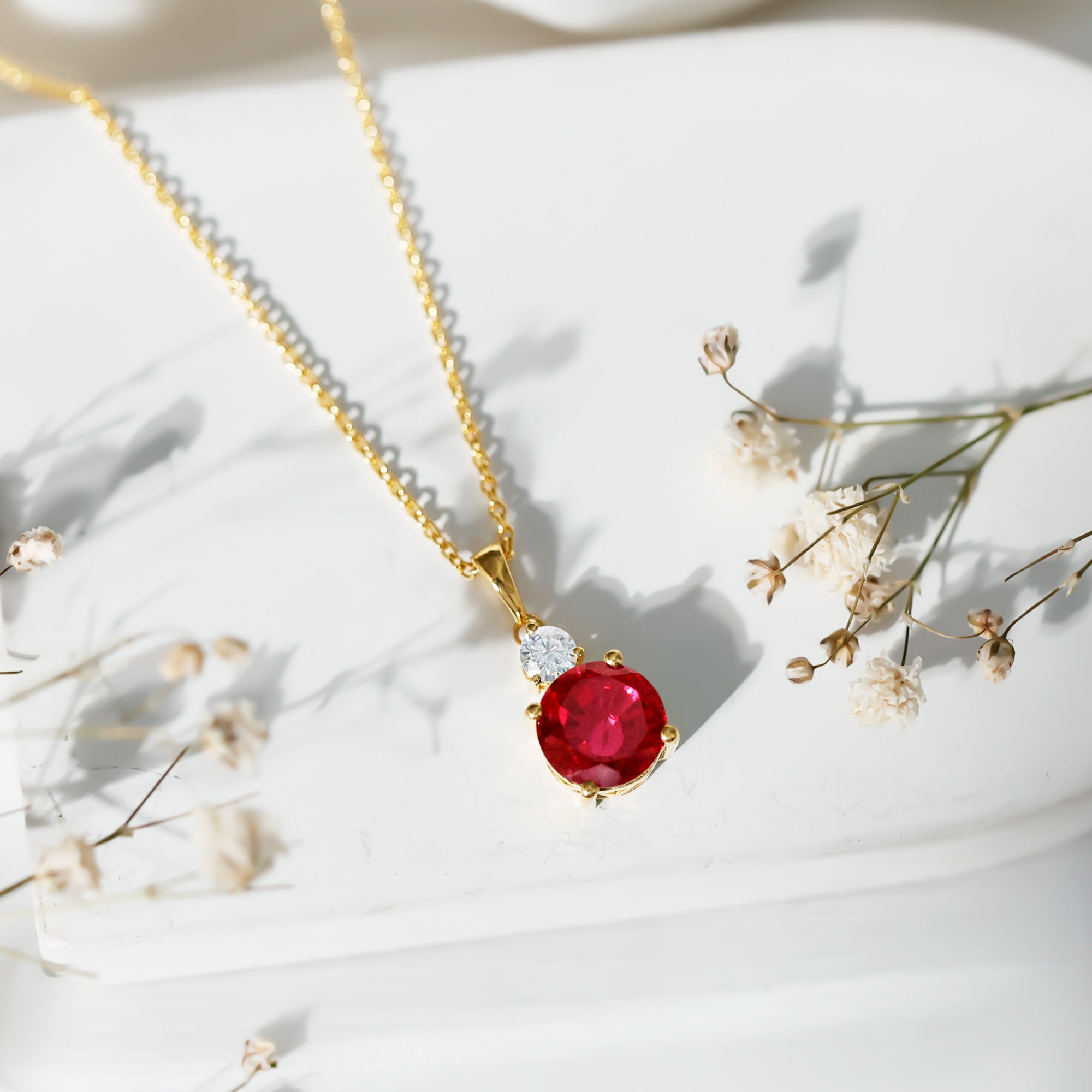 Certified 2.5 Carat Lab Grown Ruby Pendant Necklace with Moissanite AAAA 14K Yellow Gold Plated Silver - Rosec Jewels