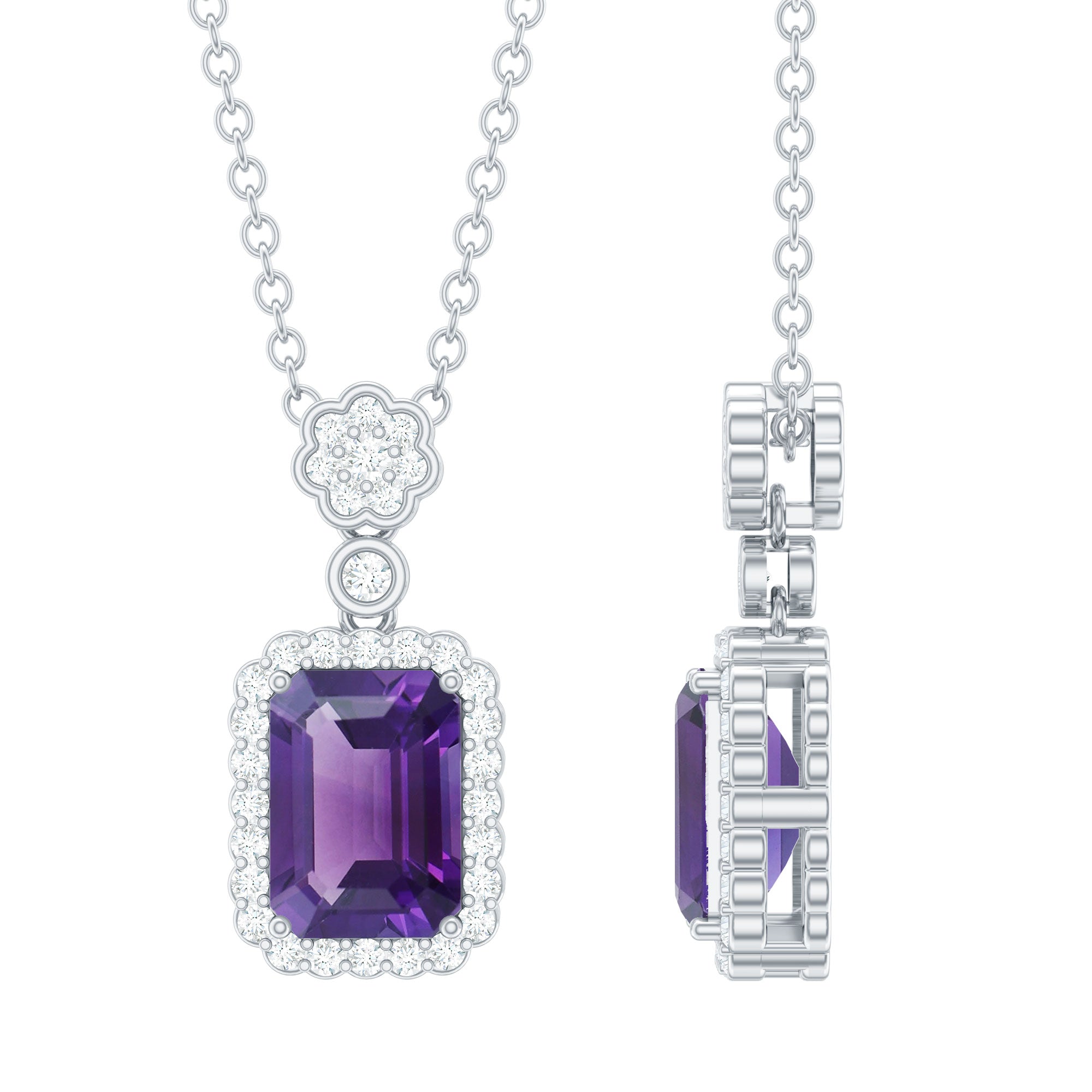 Genuine 1.1 Carat Emerald Cut Amethyst Vintage Necklace with Diamond Halo AAA 92.5 Sterling Silver - Rosec Jewels