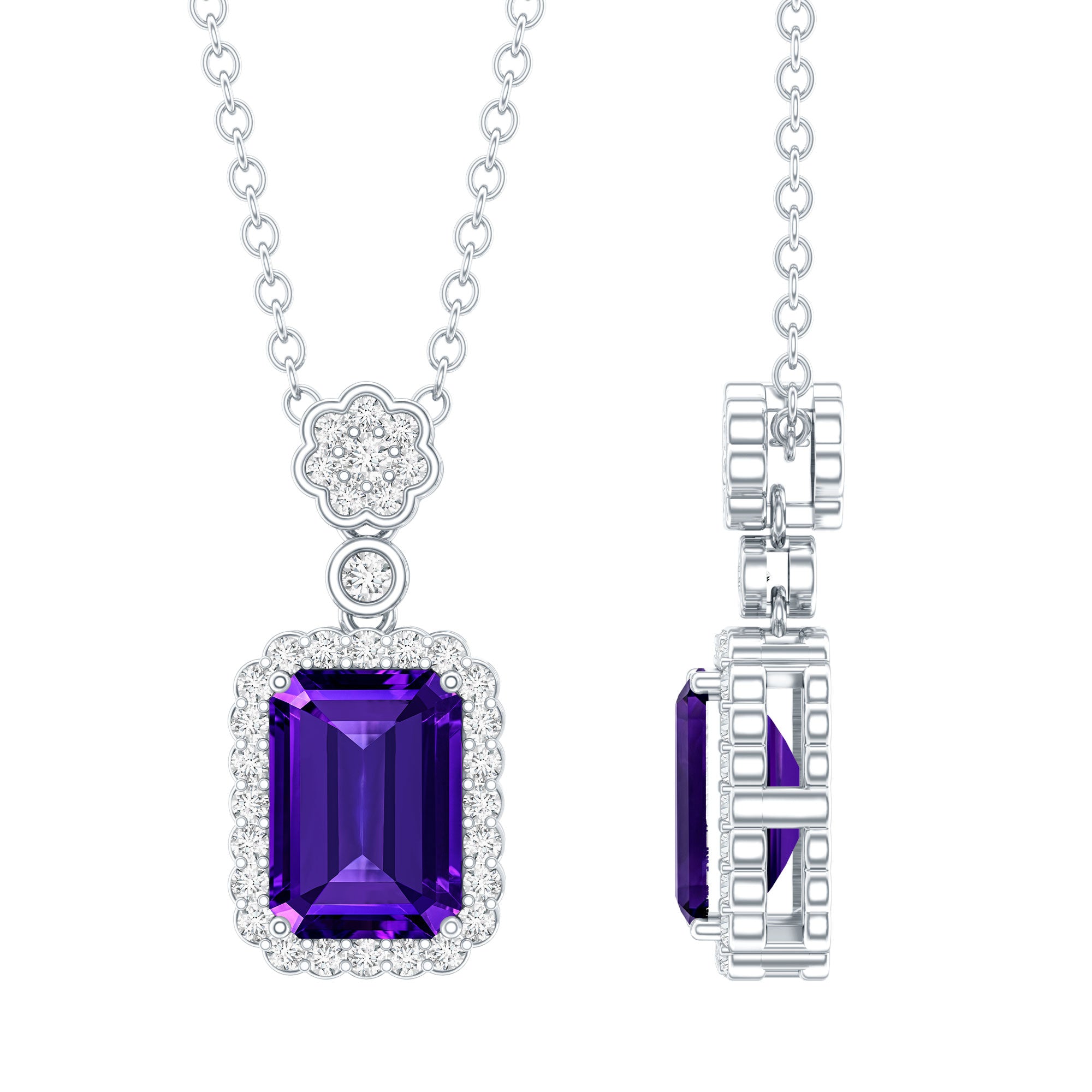 Genuine 1.1 Carat Emerald Cut Amethyst Vintage Necklace with Diamond Halo AAA 92.5 Sterling Silver - Rosec Jewels