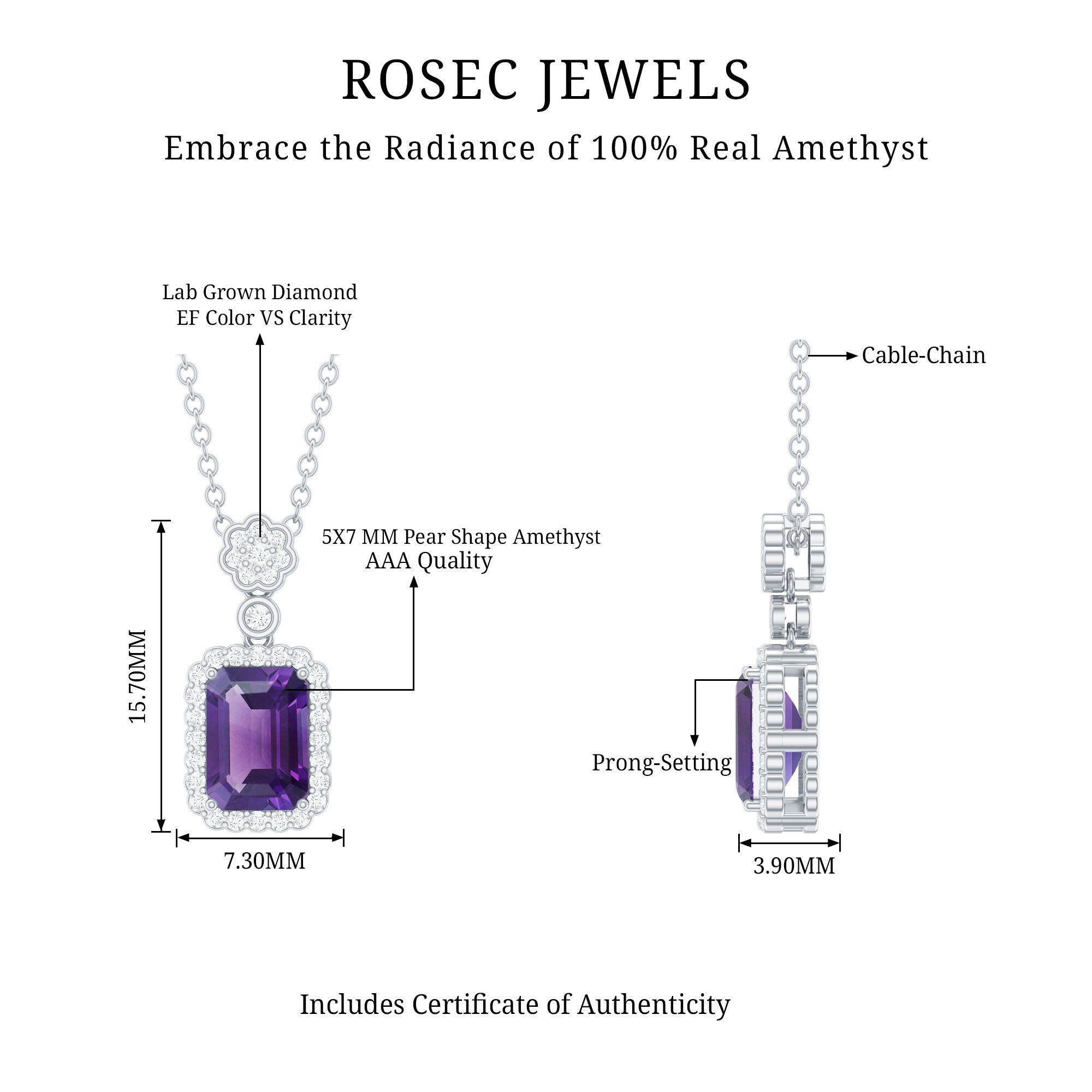 Genuine 1.1 Carat Emerald Cut Amethyst Vintage Necklace with Diamond Halo AAA 92.5 Sterling Silver - Rosec Jewels