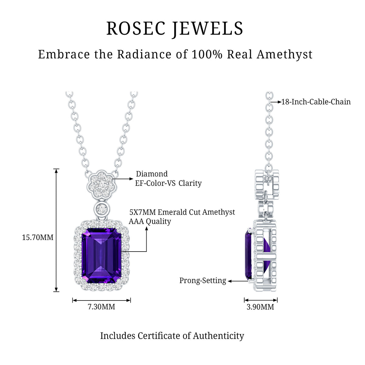 Genuine 1.1 Carat Emerald Cut Amethyst Vintage Necklace with Diamond Halo AAA 92.5 Sterling Silver - Rosec Jewels