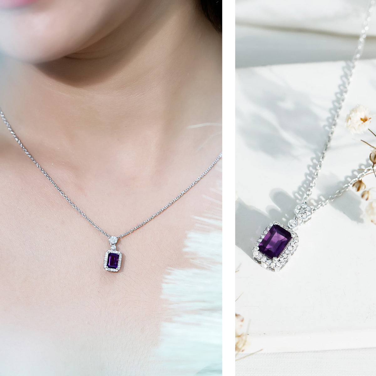 Genuine 1.1 Carat Emerald Cut Amethyst Vintage Necklace with Diamond Halo AAA 92.5 Sterling Silver - Rosec Jewels