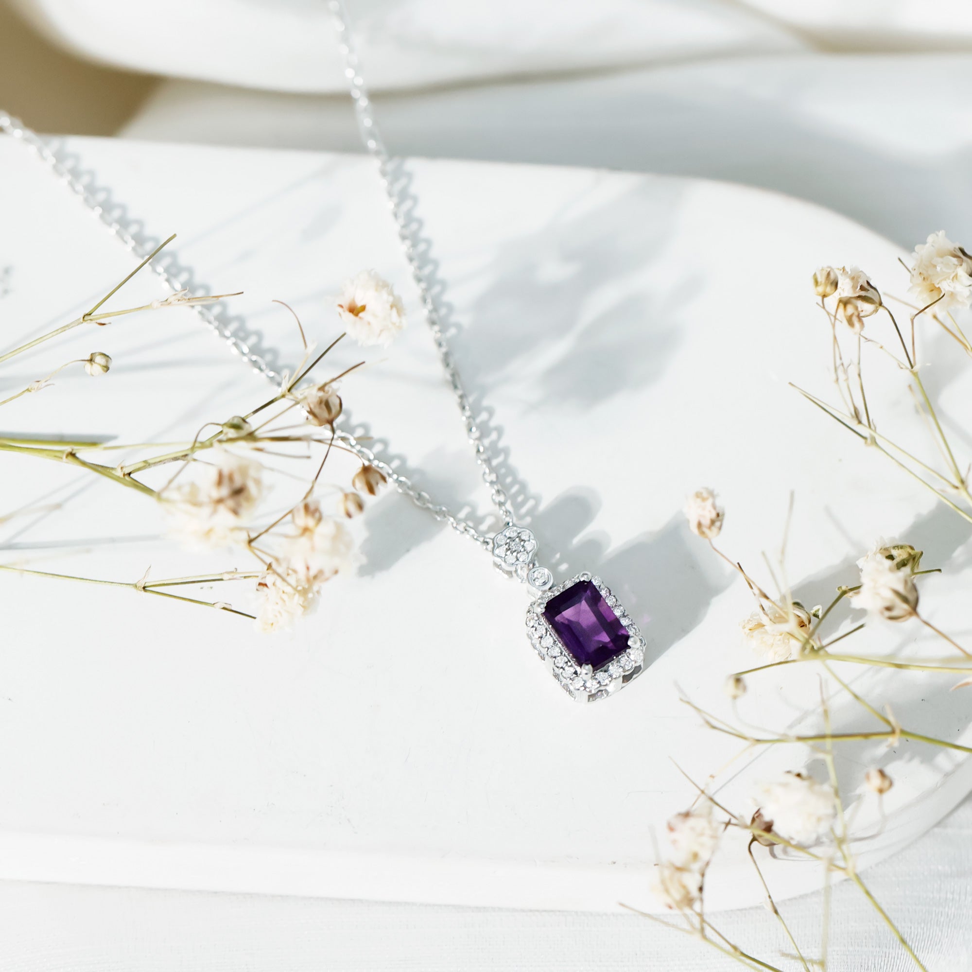 Genuine 1.1 Carat Emerald Cut Amethyst Vintage Necklace with Diamond Halo AAA 92.5 Sterling Silver - Rosec Jewels