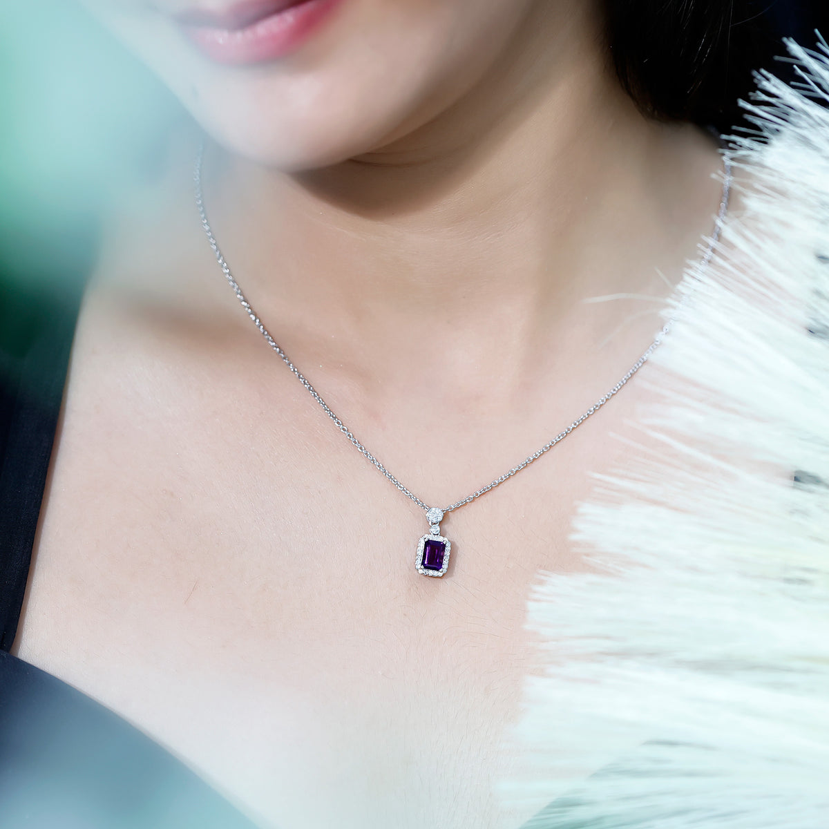 Genuine 1.1 Carat Emerald Cut Amethyst Vintage Necklace with Diamond Halo AAA 92.5 Sterling Silver - Rosec Jewels