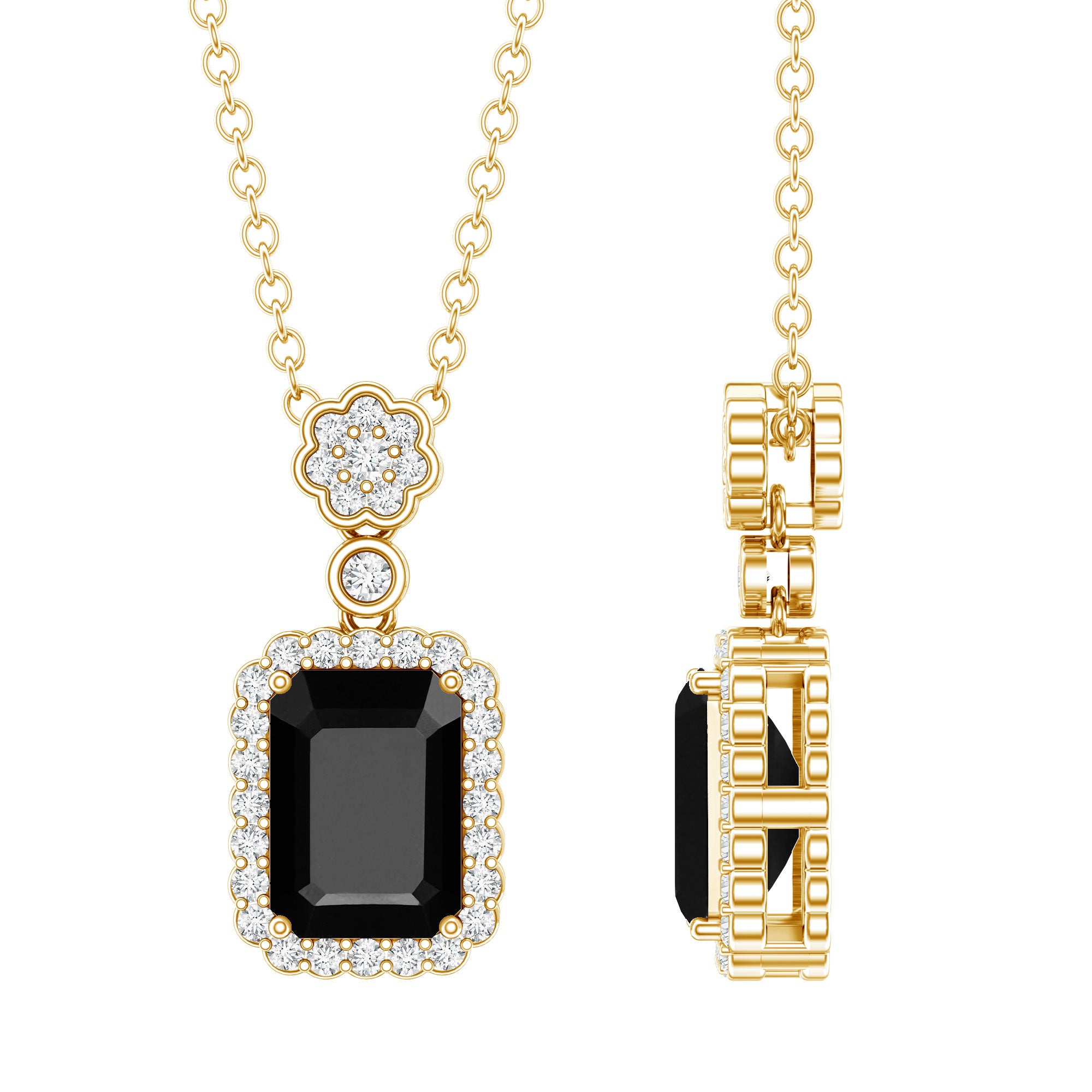 Vintage Style 1 Carat Emerald Cut Black Spinel Statement Necklace with Diamond Halo AAA 14K Yellow Gold Plated Silver - Rosec Jewels
