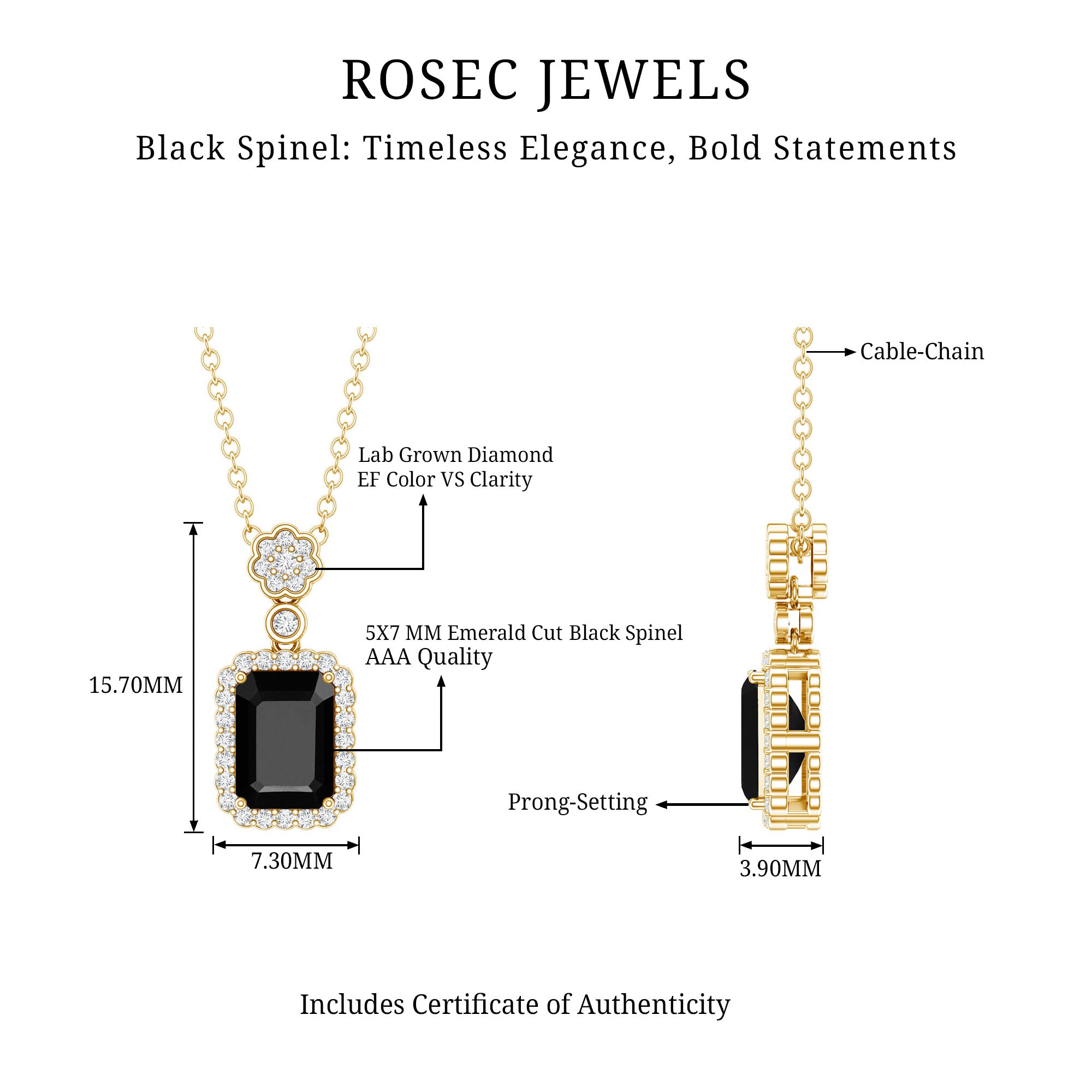 Vintage Style 1 Carat Emerald Cut Black Spinel Statement Necklace with Diamond Halo AAA 14K Yellow Gold Plated Silver - Rosec Jewels