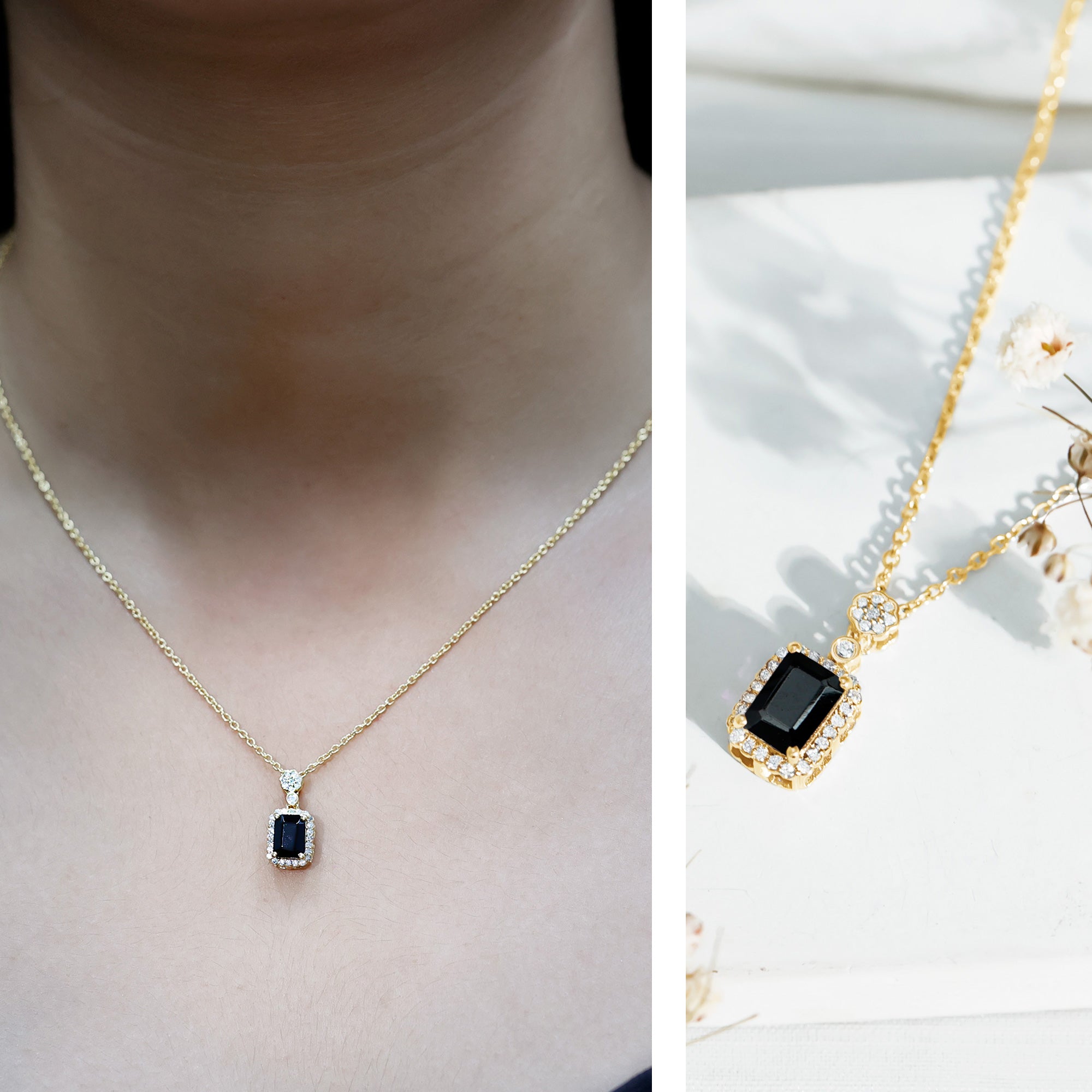 Vintage Style 1 Carat Emerald Cut Black Spinel Statement Necklace with Diamond Halo AAA 14K Yellow Gold Plated Silver - Rosec Jewels