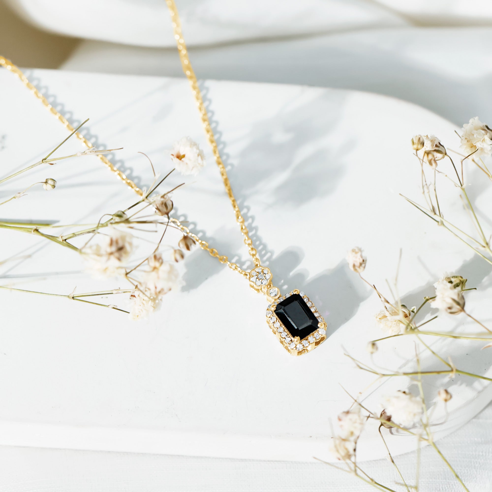 Vintage Style 1 Carat Emerald Cut Black Spinel Statement Necklace with Diamond Halo AAA 14K Yellow Gold Plated Silver - Rosec Jewels