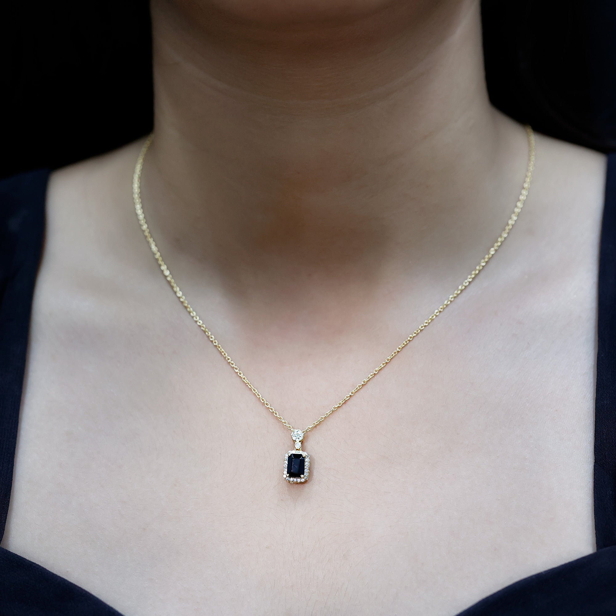 Vintage Style 1 Carat Emerald Cut Black Spinel Statement Necklace with Diamond Halo AAA 14K Yellow Gold Plated Silver - Rosec Jewels
