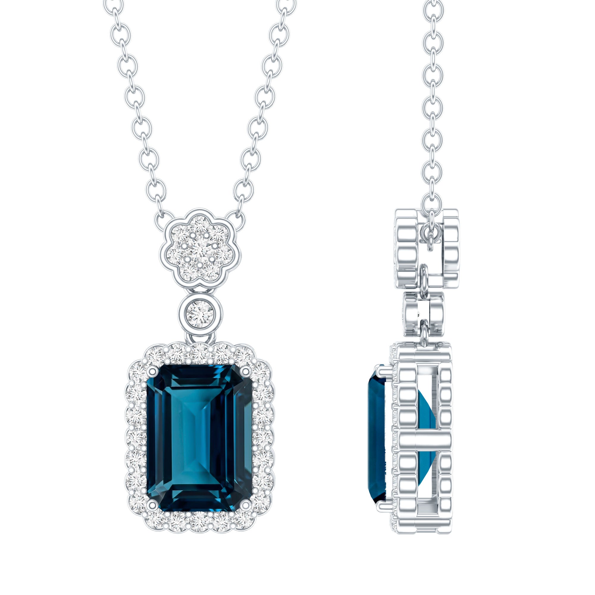 Genuine 1.1 Carat London Blue Topaz Emerald Cut Necklace with Diamond Halo AAA 92.5 Sterling Silver - Rosec Jewels