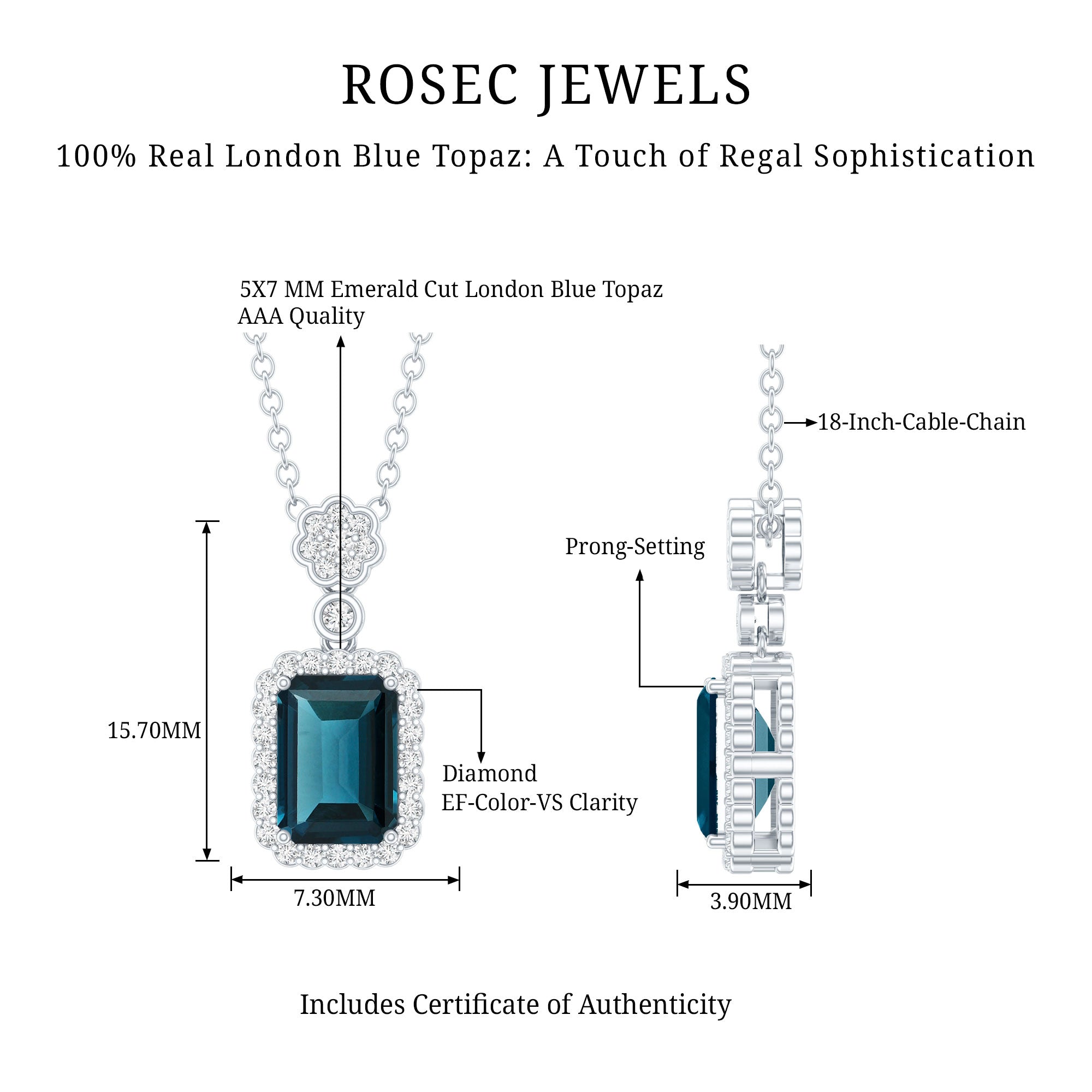 Genuine 1.1 Carat London Blue Topaz Emerald Cut Necklace with Diamond Halo AAA 92.5 Sterling Silver - Rosec Jewels