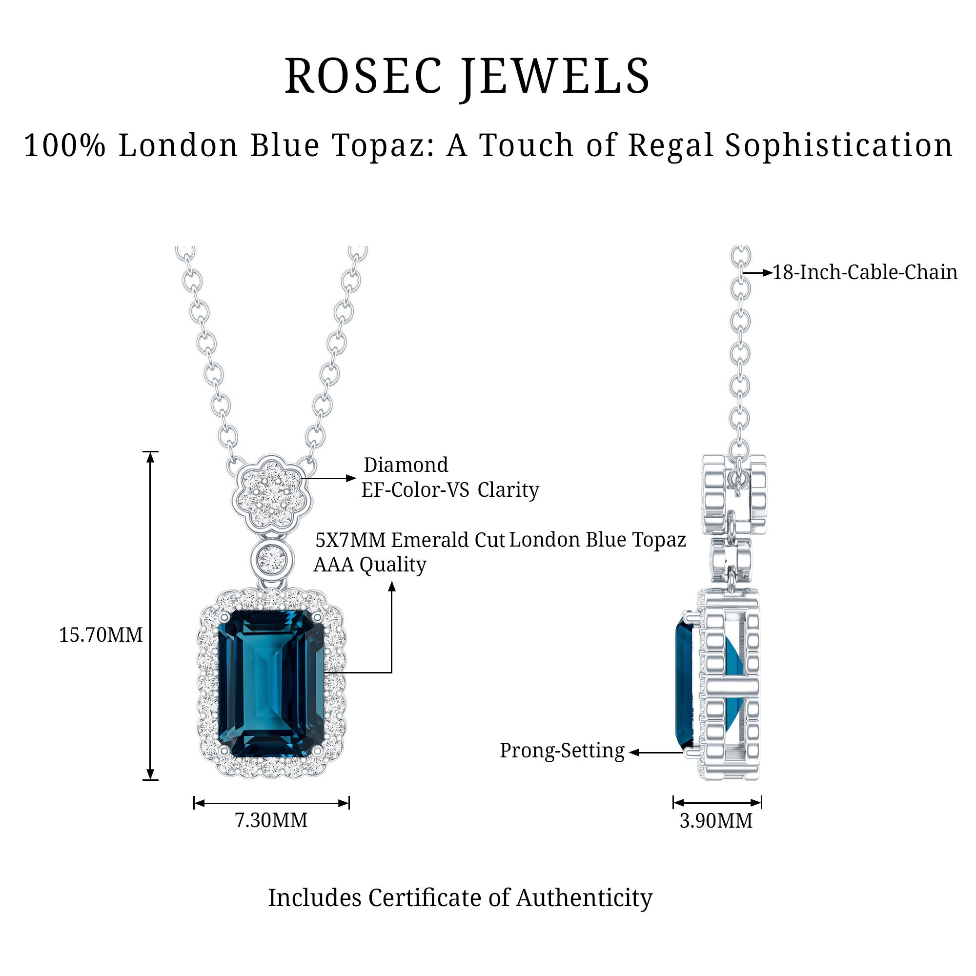 Genuine 1.1 Carat London Blue Topaz Emerald Cut Necklace with Diamond Halo AAA 92.5 Sterling Silver - Rosec Jewels