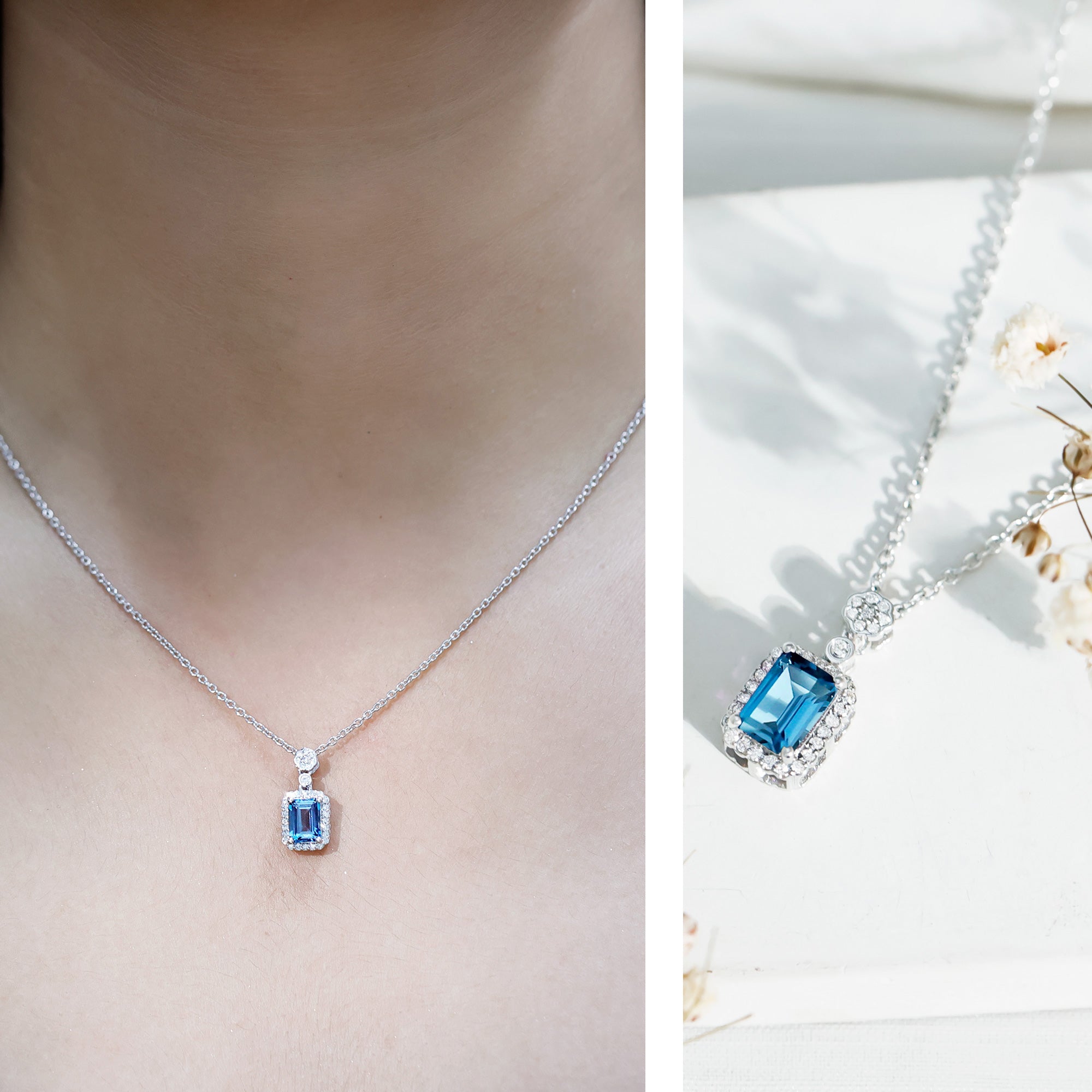 Genuine 1.1 Carat London Blue Topaz Emerald Cut Necklace with Diamond Halo AAA 92.5 Sterling Silver - Rosec Jewels