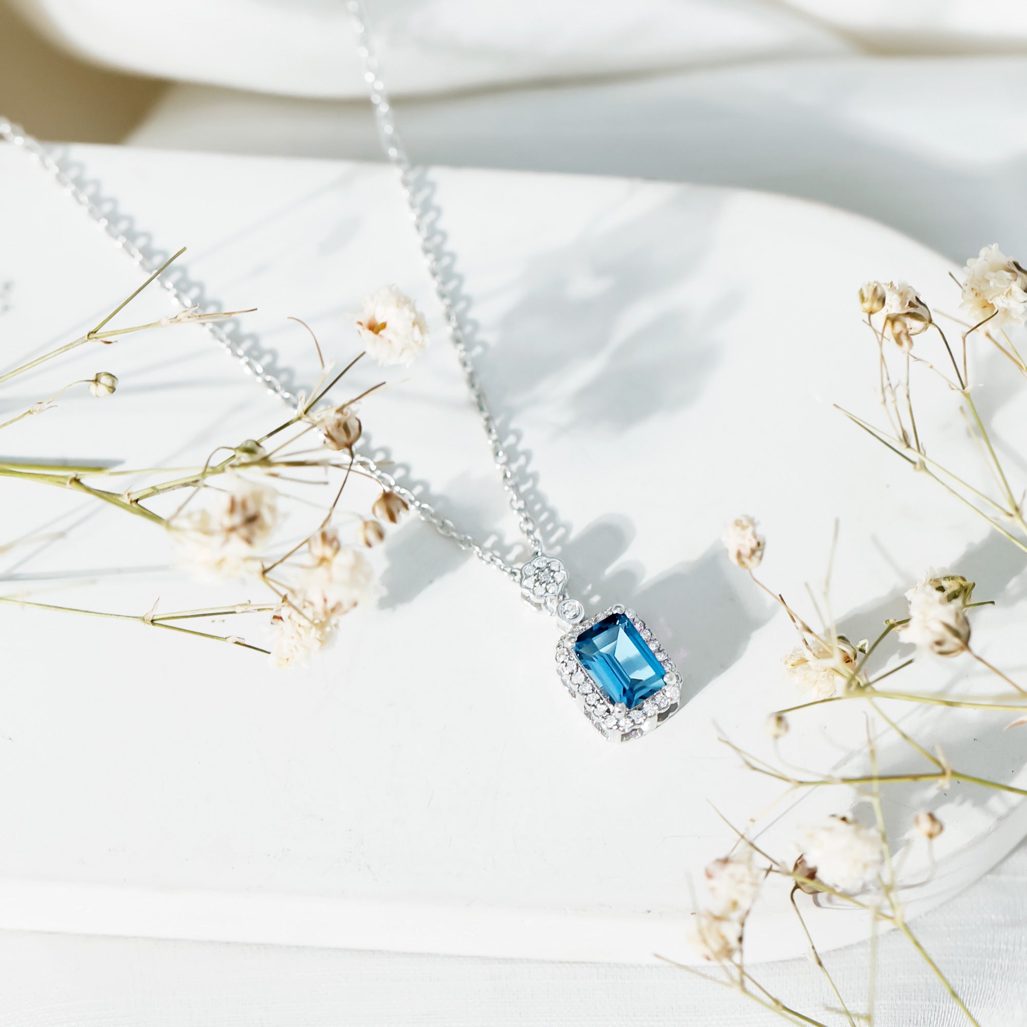 Genuine 1.1 Carat London Blue Topaz Emerald Cut Necklace with Diamond Halo AAA 92.5 Sterling Silver - Rosec Jewels