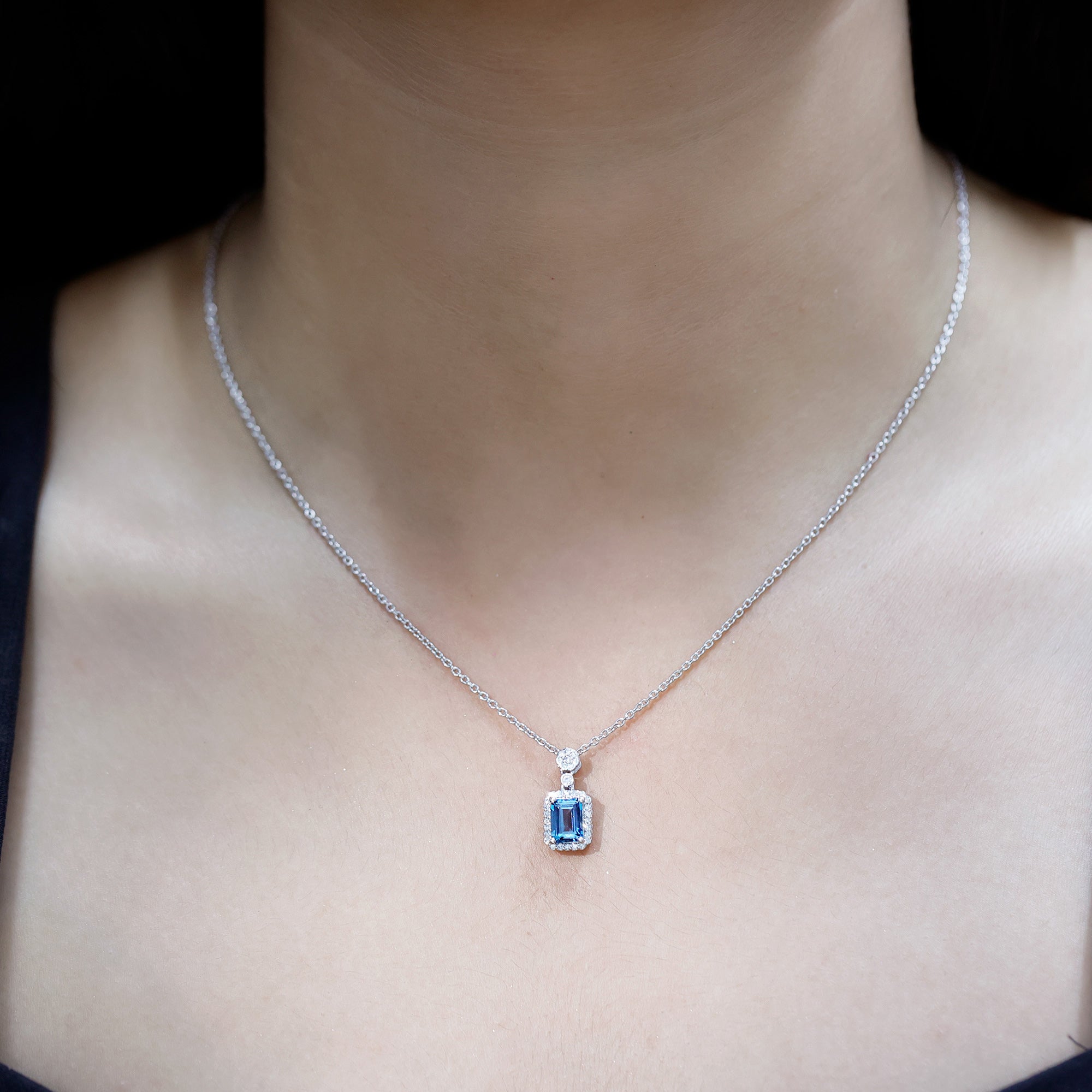 Genuine 1.1 Carat London Blue Topaz Emerald Cut Necklace with Diamond Halo AAA 92.5 Sterling Silver - Rosec Jewels