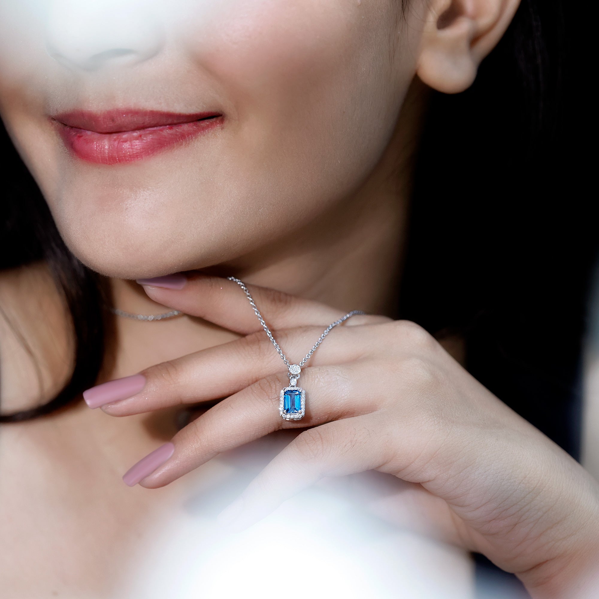 Genuine 1.1 Carat London Blue Topaz Emerald Cut Necklace with Diamond Halo AAA 92.5 Sterling Silver - Rosec Jewels