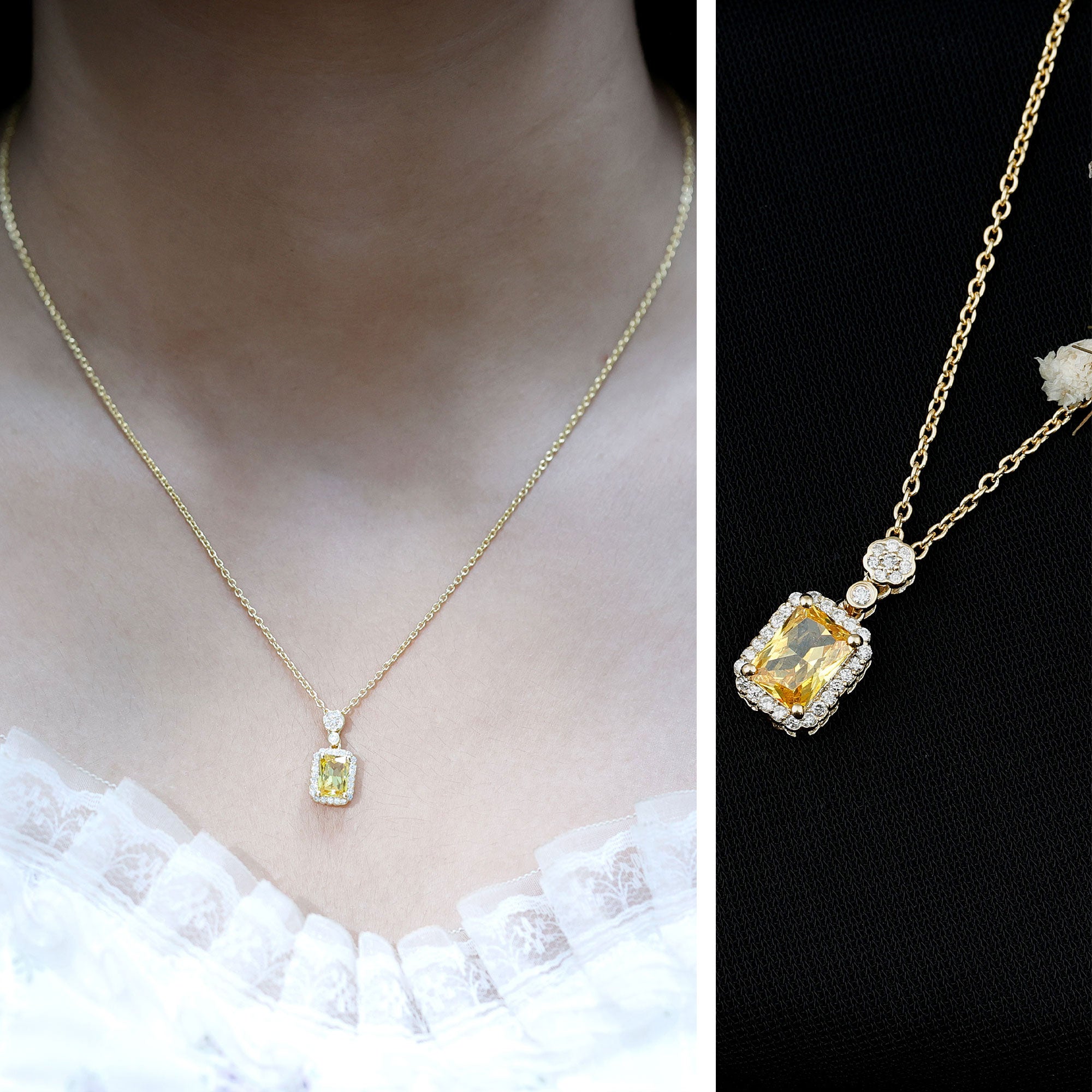 Vintage Inspired 1 Carat Lab Created Yellow Sapphire Necklace with Diamond Halo AAAA 14K Yellow Gold Plated Silver - Rosec Jewels