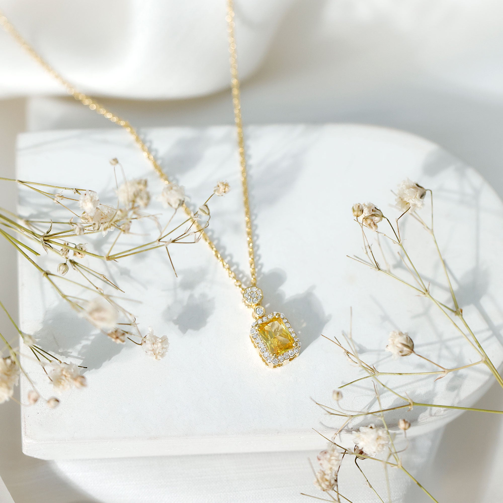 Vintage Inspired 1 Carat Lab Created Yellow Sapphire Necklace with Diamond Halo AAAA 14K Yellow Gold Plated Silver - Rosec Jewels