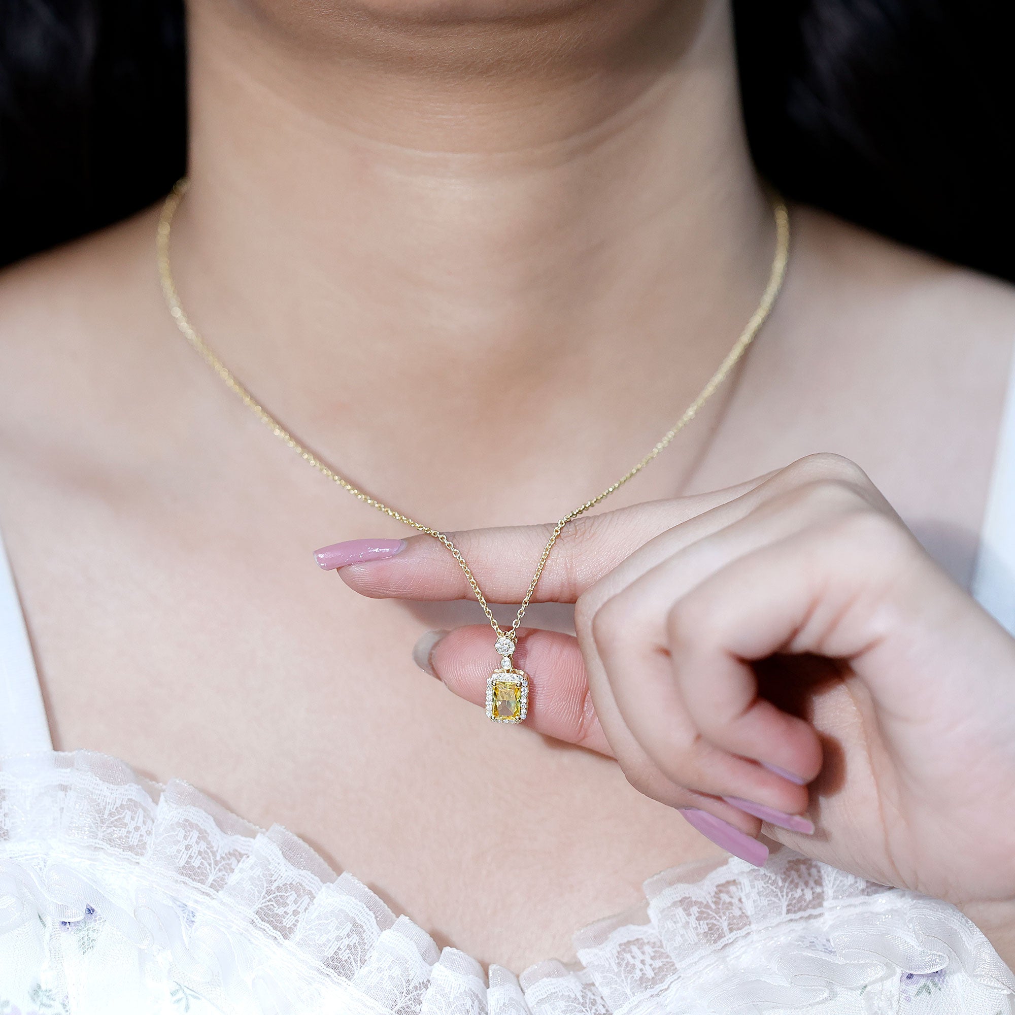 Vintage Inspired 1 Carat Lab Created Yellow Sapphire Necklace with Diamond Halo AAAA 14K Yellow Gold Plated Silver - Rosec Jewels