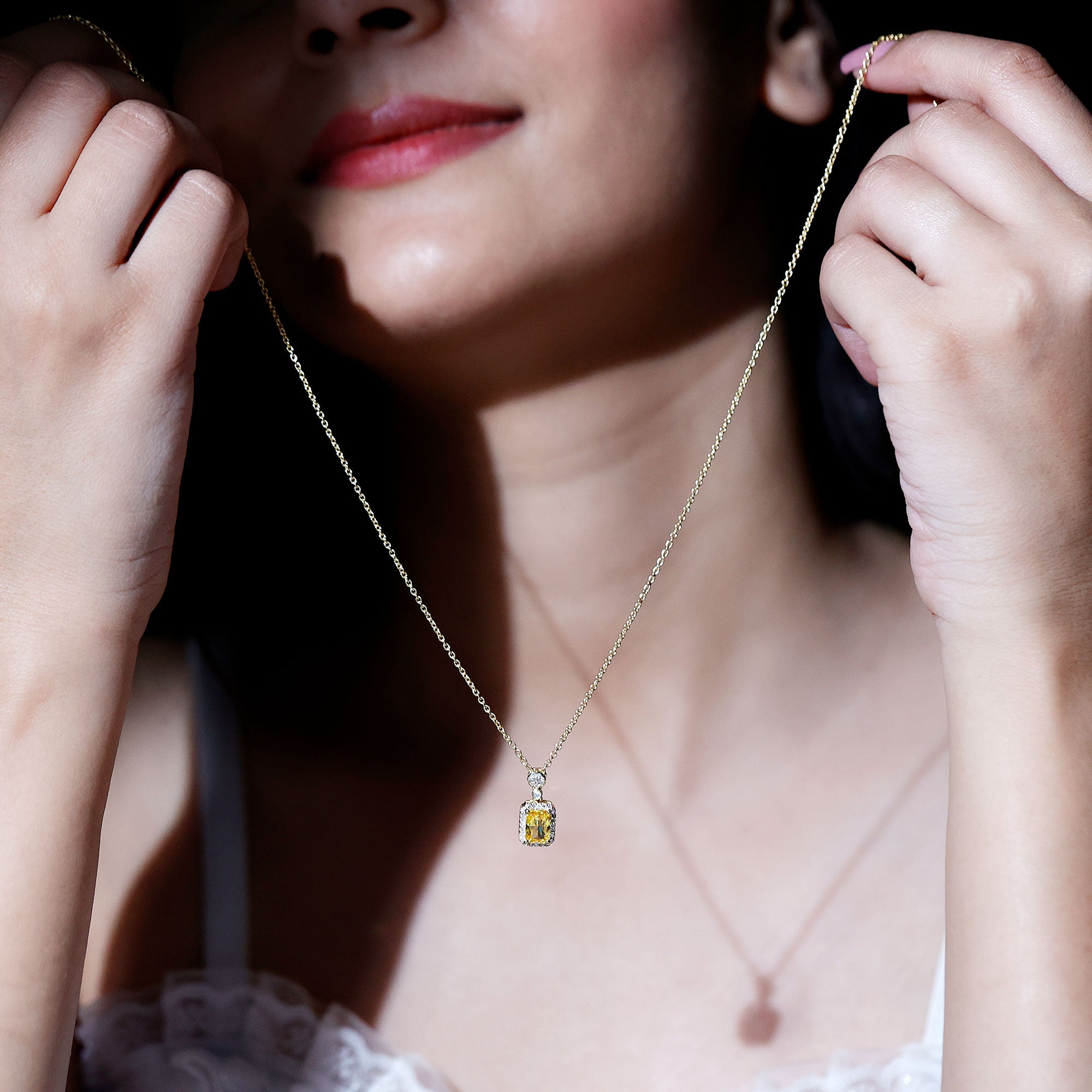 Vintage Inspired 1 Carat Lab Created Yellow Sapphire Necklace with Diamond Halo AAAA 14K Yellow Gold Plated Silver - Rosec Jewels