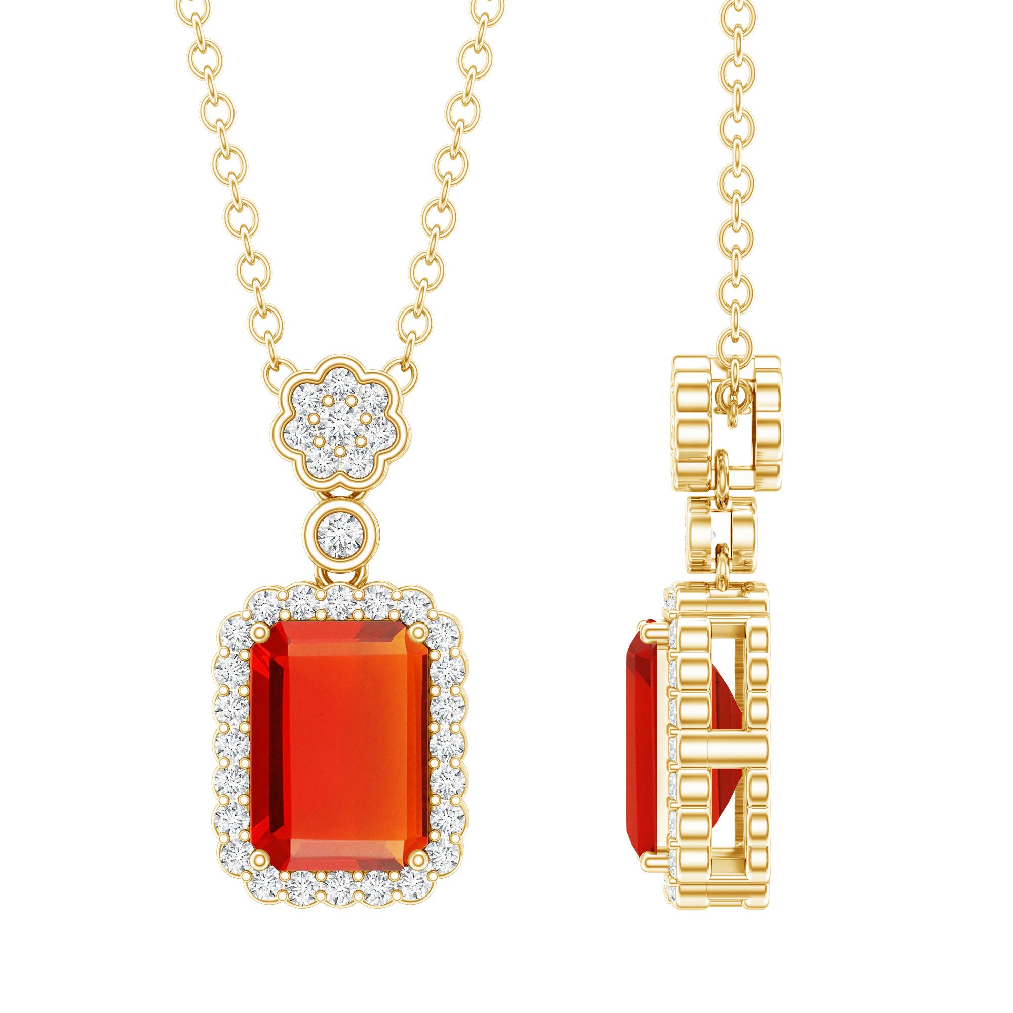 Vintage Style 1 Carat Emerald Cut Fire Opal Necklace with Diamond AAA 14K Yellow Gold Plated Silver - Rosec Jewels