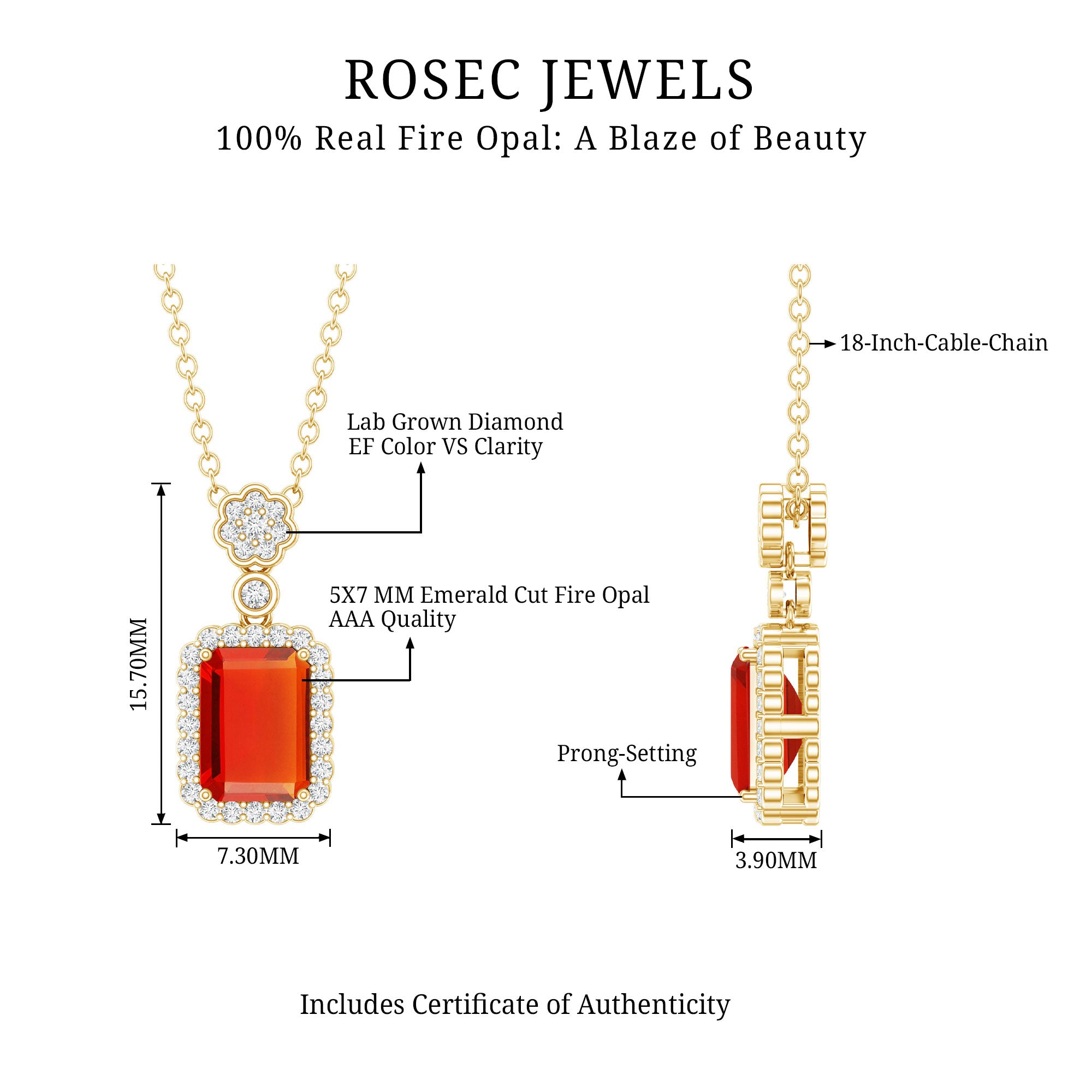 Vintage Style 1 Carat Emerald Cut Fire Opal Necklace with Diamond AAA 14K Yellow Gold Plated Silver - Rosec Jewels