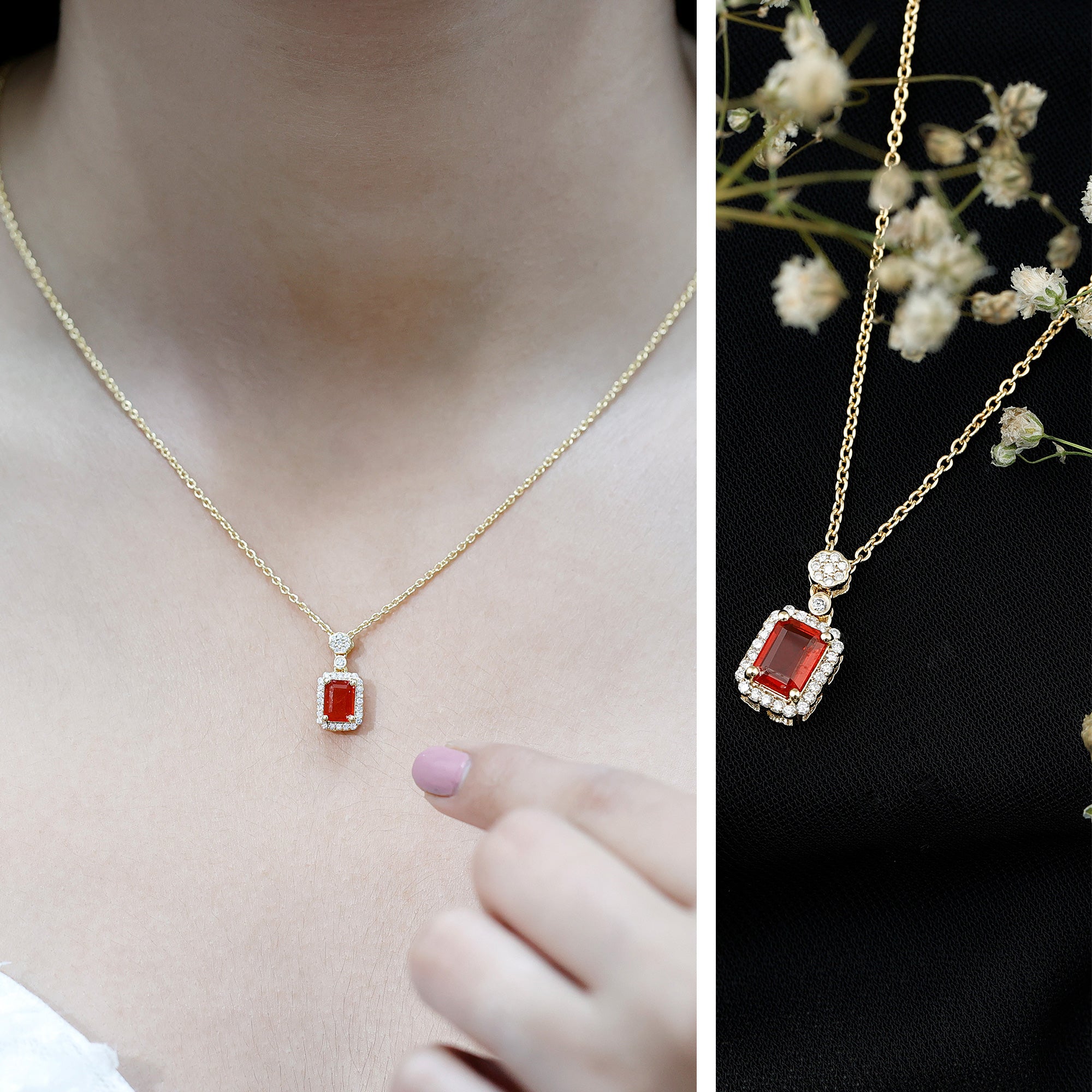 Vintage Style 1 Carat Emerald Cut Fire Opal Necklace with Diamond AAA 14K Yellow Gold Plated Silver - Rosec Jewels