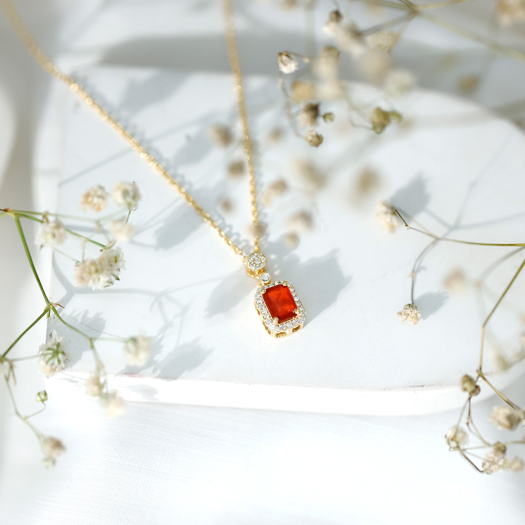 Vintage Style 1 Carat Emerald Cut Fire Opal Necklace with Diamond AAA 14K Yellow Gold Plated Silver - Rosec Jewels