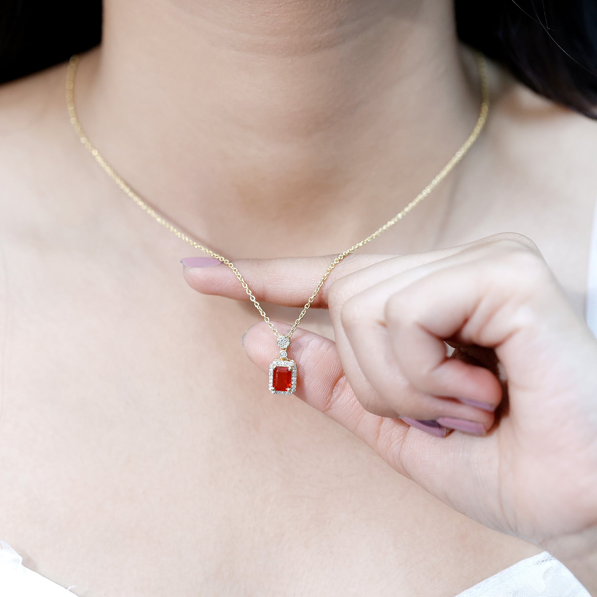 Vintage Style 1 Carat Emerald Cut Fire Opal Necklace with Diamond AAA 14K Yellow Gold Plated Silver - Rosec Jewels