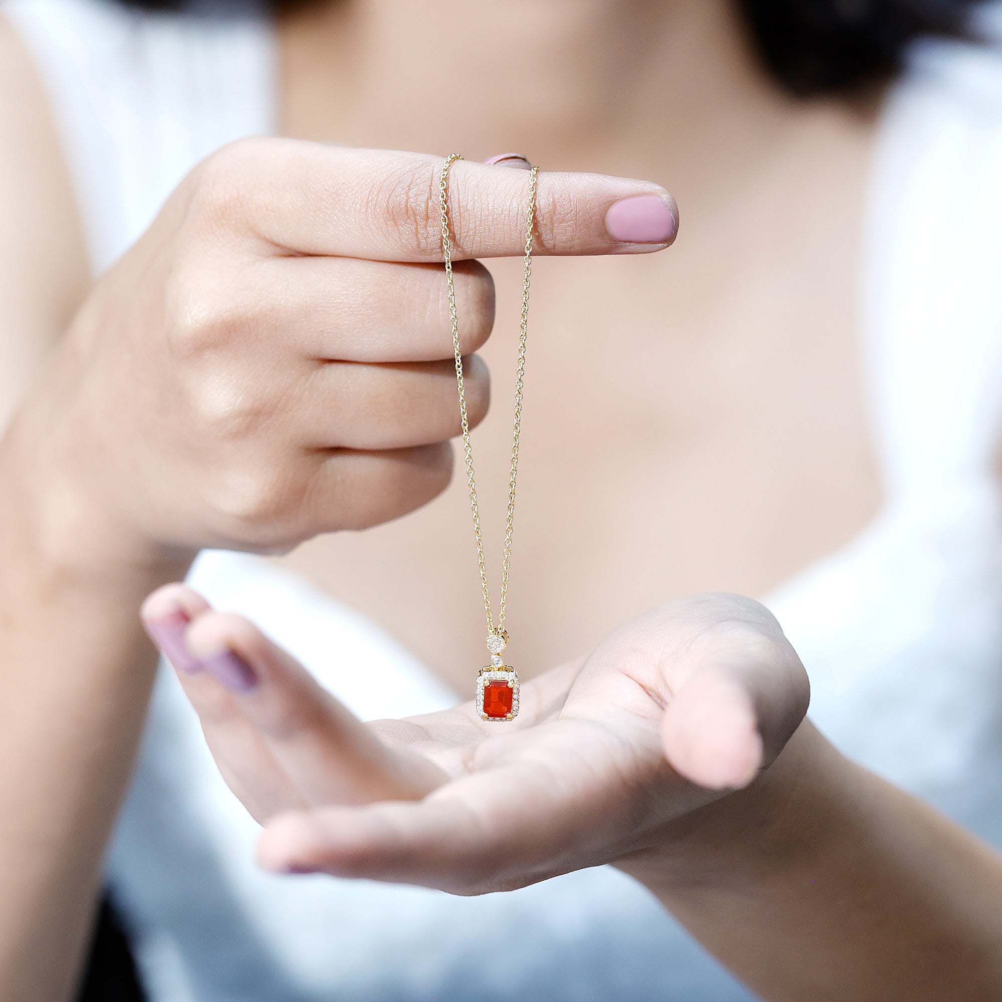 Vintage Style 1 Carat Emerald Cut Fire Opal Necklace with Diamond AAA 14K Yellow Gold Plated Silver - Rosec Jewels