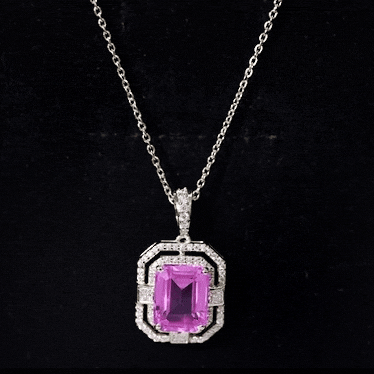 Certified 2.3 Carat Emerald Cut Lab Grown Pink Sapphire Diamond Vintage Necklace AAAA 92.5 Sterling Silver - Rosec Jewels