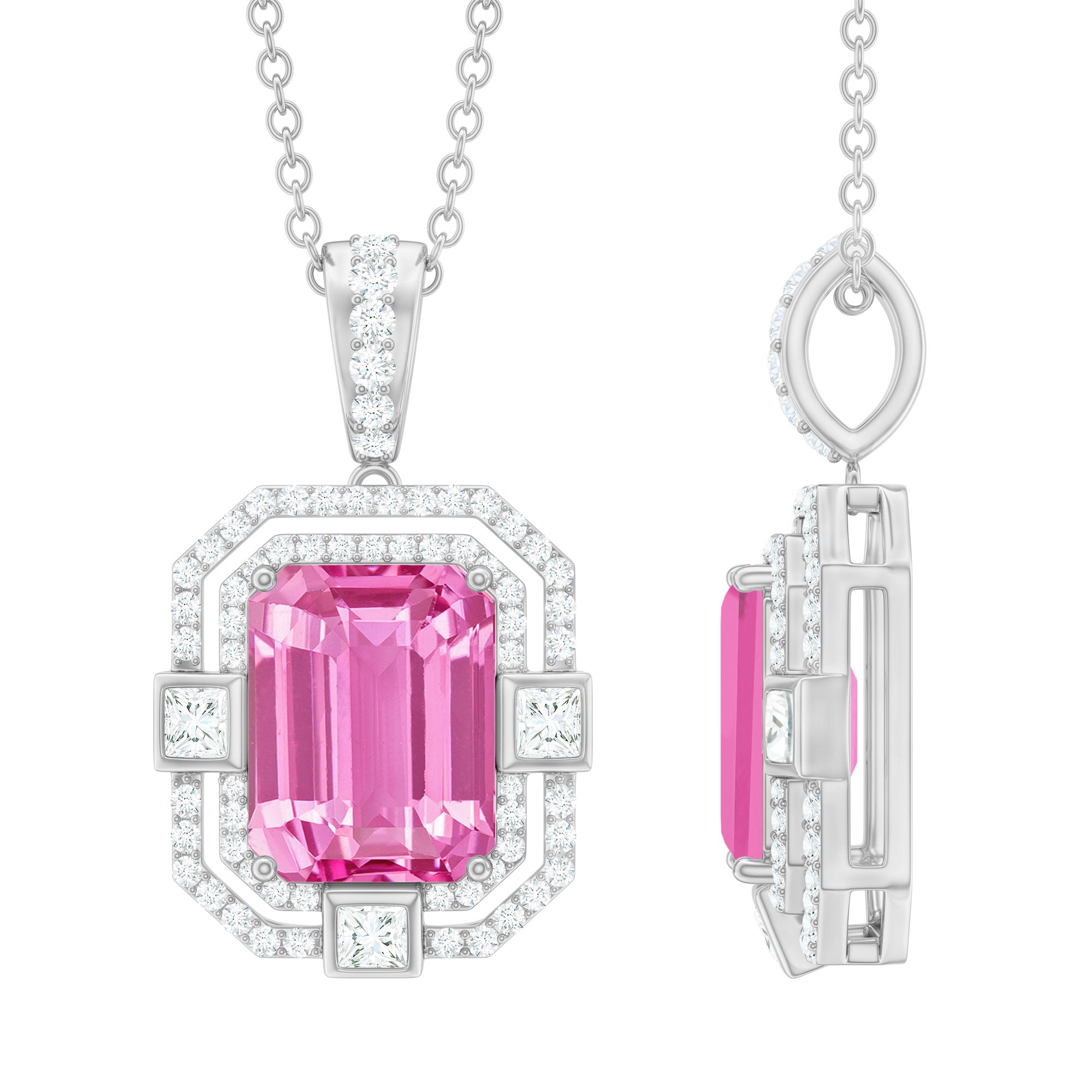 Certified 2.3 Carat Emerald Cut Lab Grown Pink Sapphire Diamond Vintage Necklace AAAA 92.5 Sterling Silver - Rosec Jewels