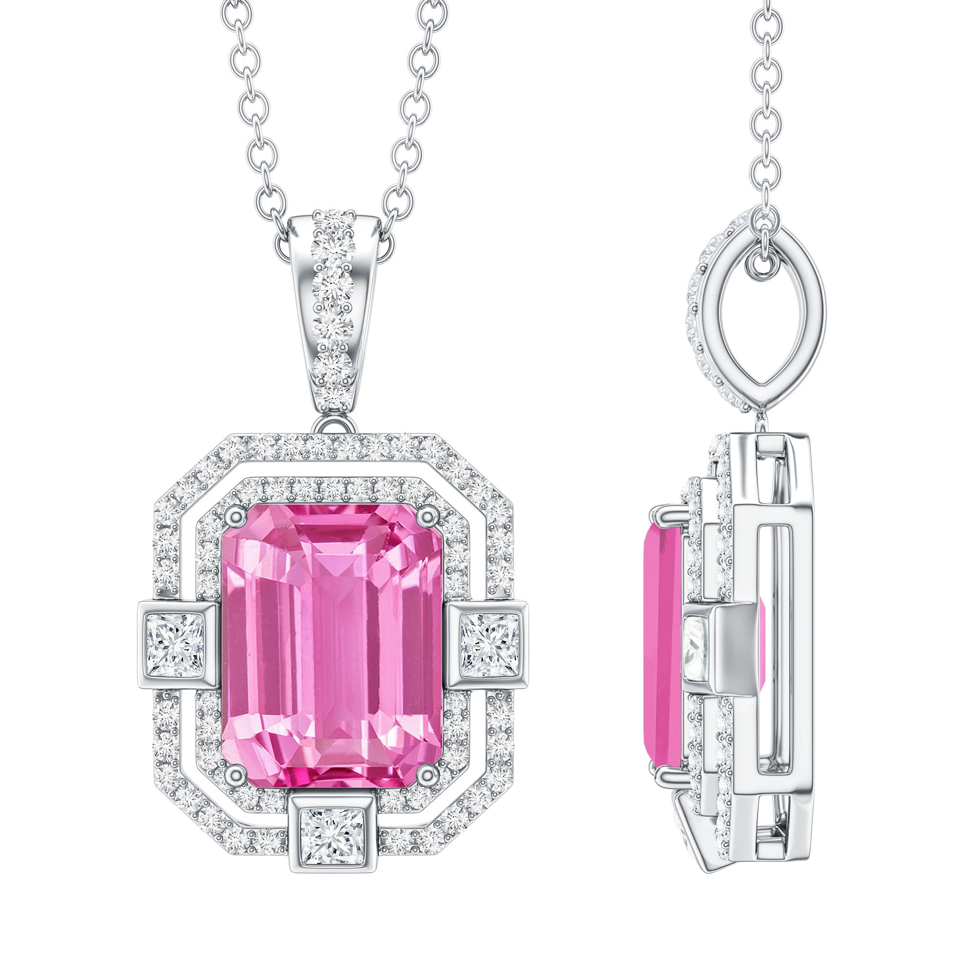 Certified 2.3 Carat Emerald Cut Lab Grown Pink Sapphire Diamond Vintage Necklace AAAA 92.5 Sterling Silver - Rosec Jewels