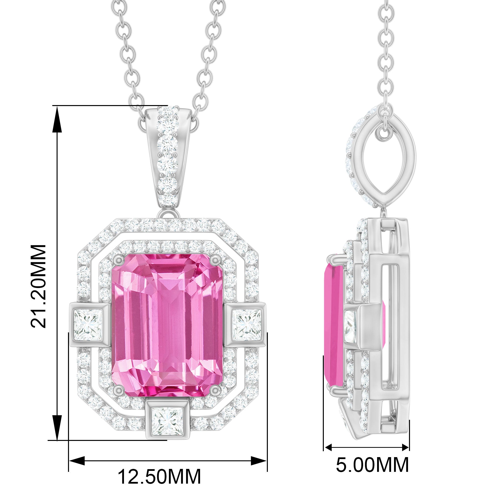 Certified 2.3 Carat Emerald Cut Lab Grown Pink Sapphire Diamond Vintage Necklace AAAA 92.5 Sterling Silver - Rosec Jewels