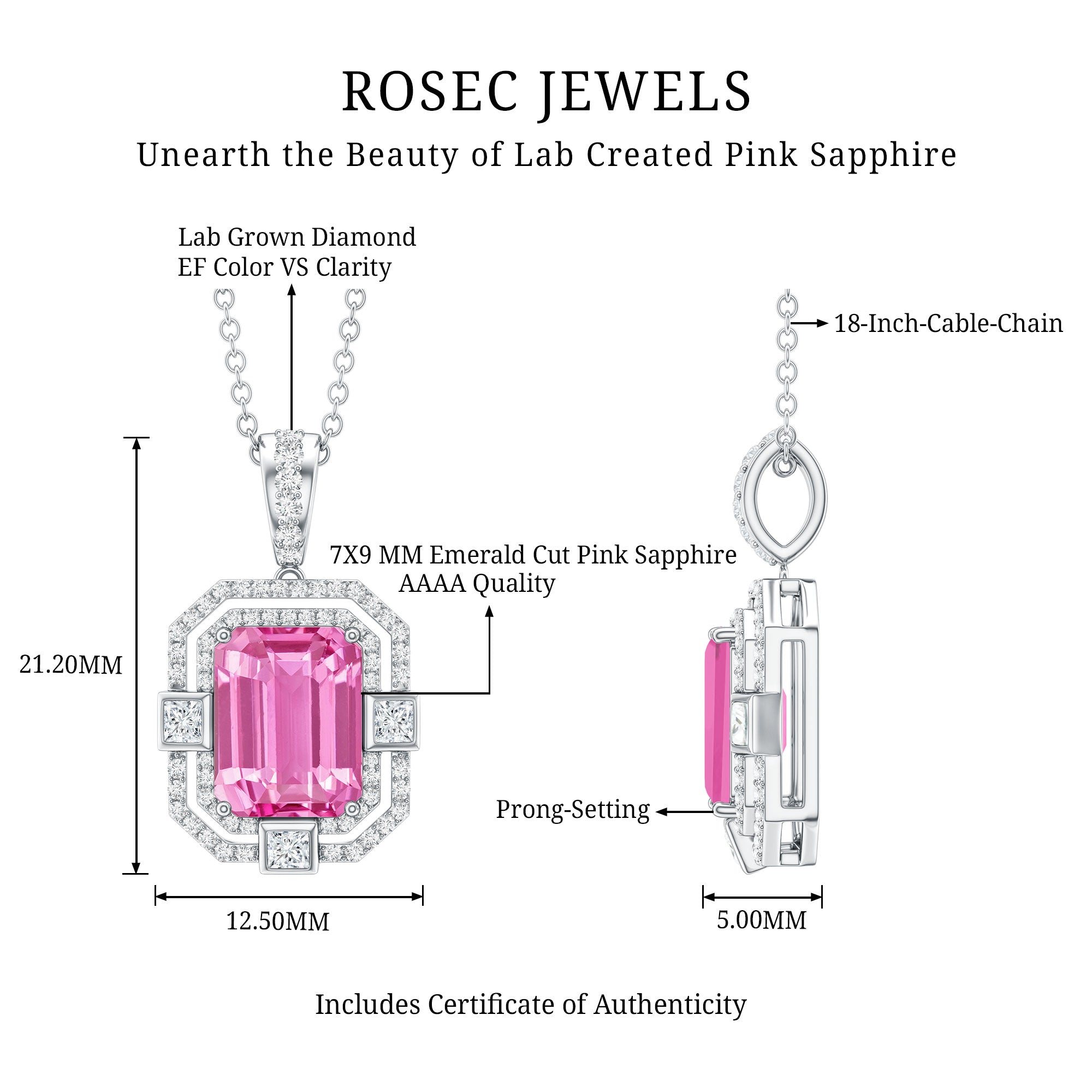 Certified 2.3 Carat Emerald Cut Lab Grown Pink Sapphire Diamond Vintage Necklace AAAA 92.5 Sterling Silver - Rosec Jewels