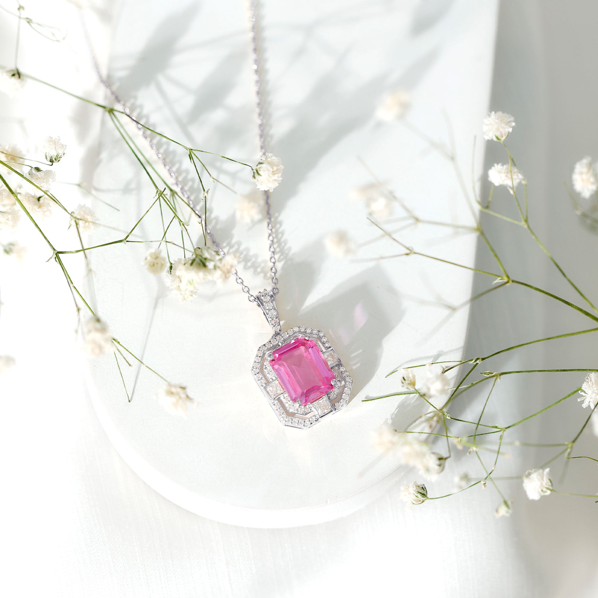 Certified 2.3 Carat Emerald Cut Lab Grown Pink Sapphire Diamond Vintage Necklace AAAA 92.5 Sterling Silver - Rosec Jewels