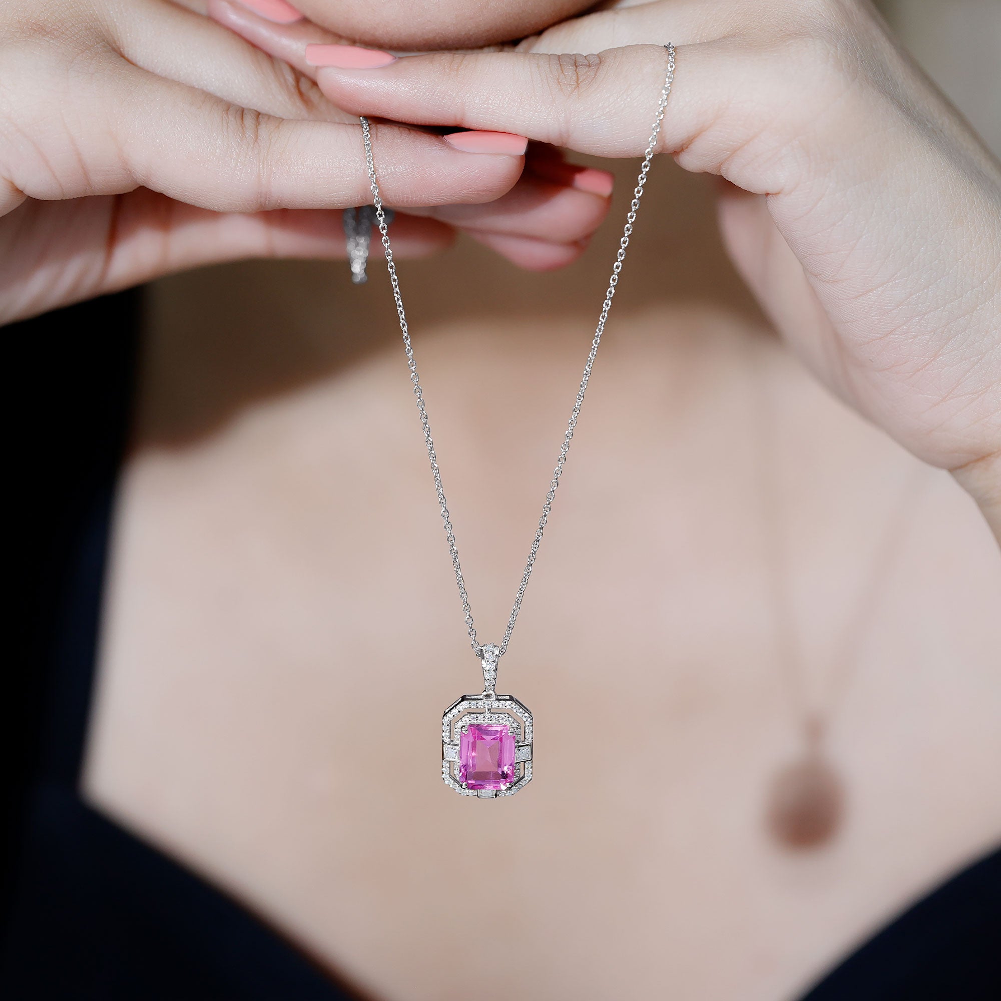 Certified 2.3 Carat Emerald Cut Lab Grown Pink Sapphire Diamond Vintage Necklace AAAA 92.5 Sterling Silver - Rosec Jewels
