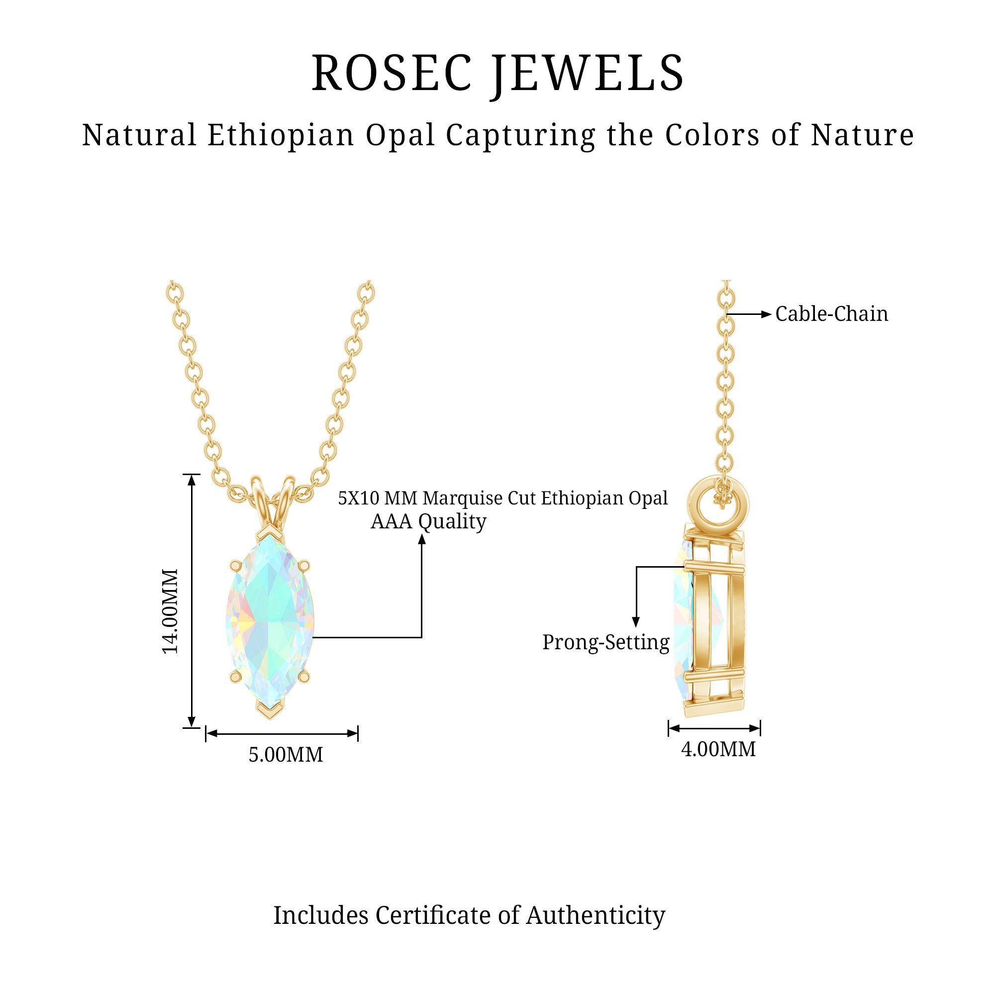 Yellow Gold Plated 1 Carat Marquise Ethiopian Opal Pendant Necklace with Chain AAA 14K Yellow Gold Plated Silver - Rosec Jewels